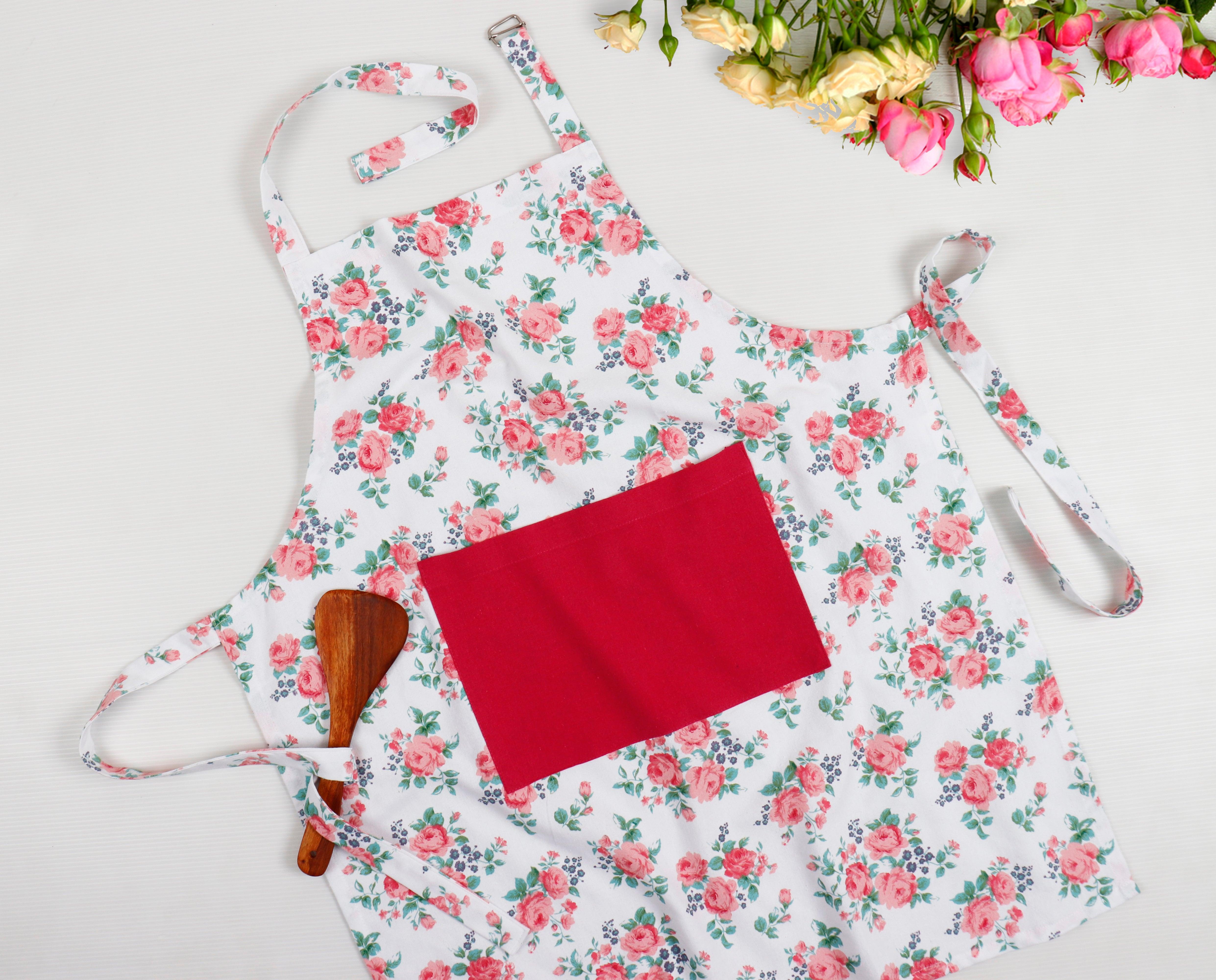Cotton Small Pink Rose Flower Free Size Apron