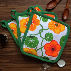 Cotton Green and Orange Flower With Green Piping Pot Holders Pack Of 3 freeshipping - Airwill
