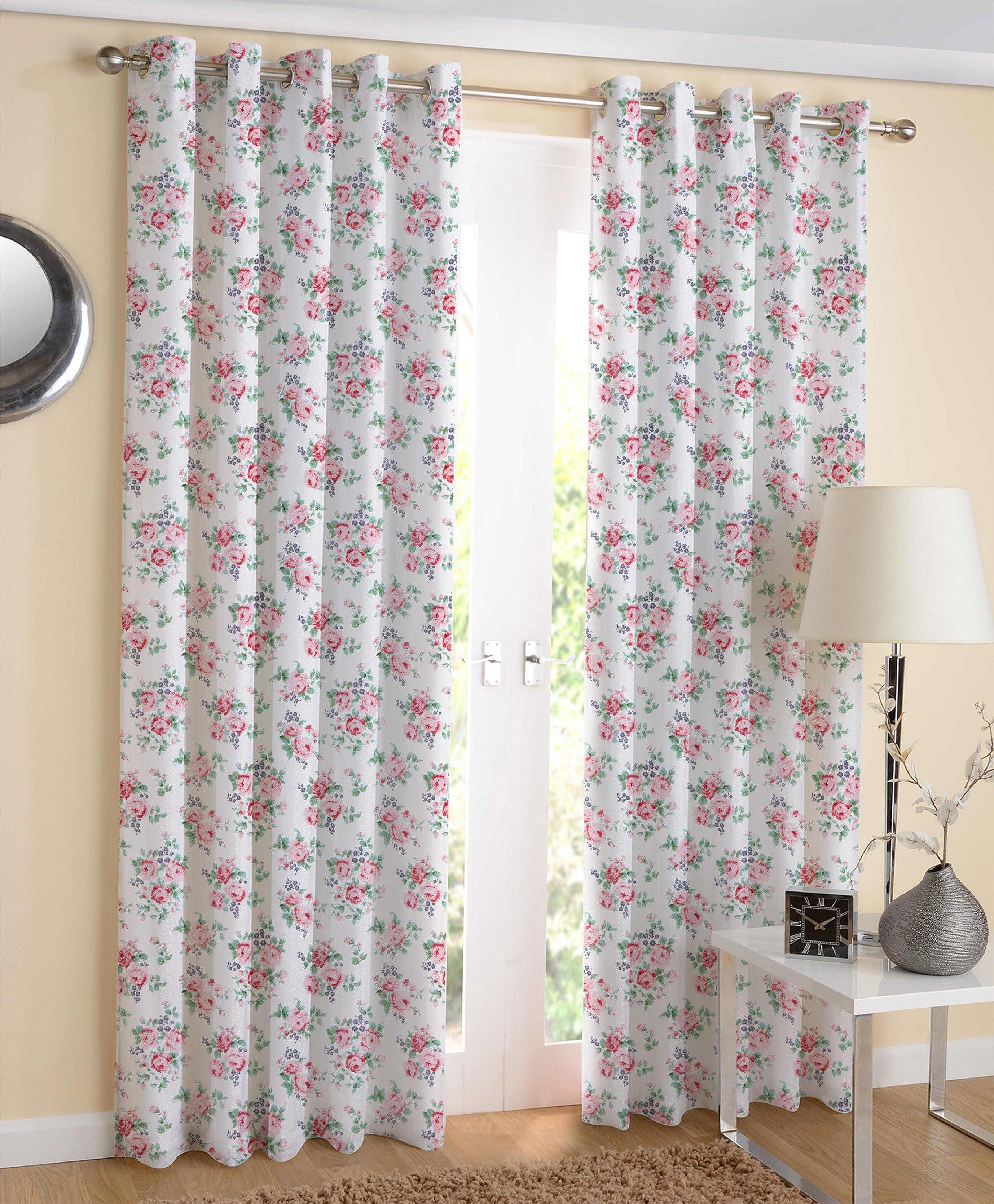 Cotton Small Pink Rose Flower Long 9ft Door Curtains Pack Of 2