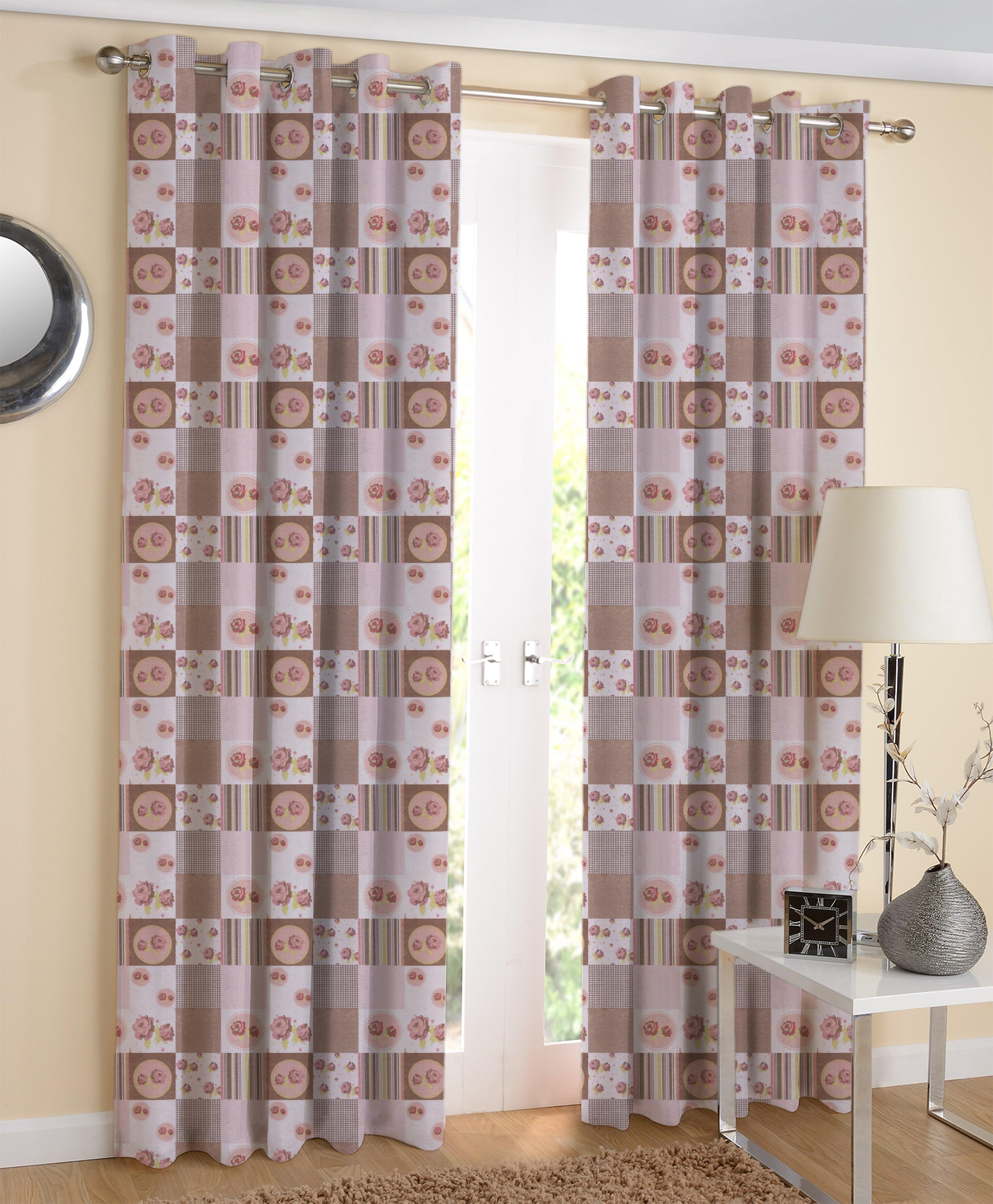 Cotton Check Floral Long 9ft Door Curtains Pack Of 2
