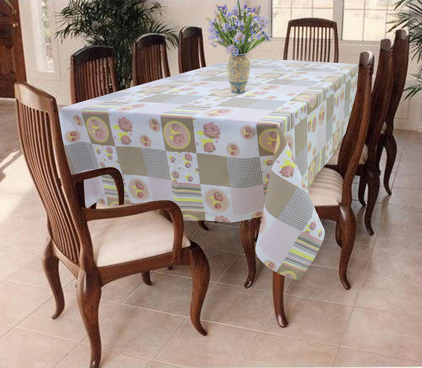 Cotton Check Flower 6 Seater Table Cloths