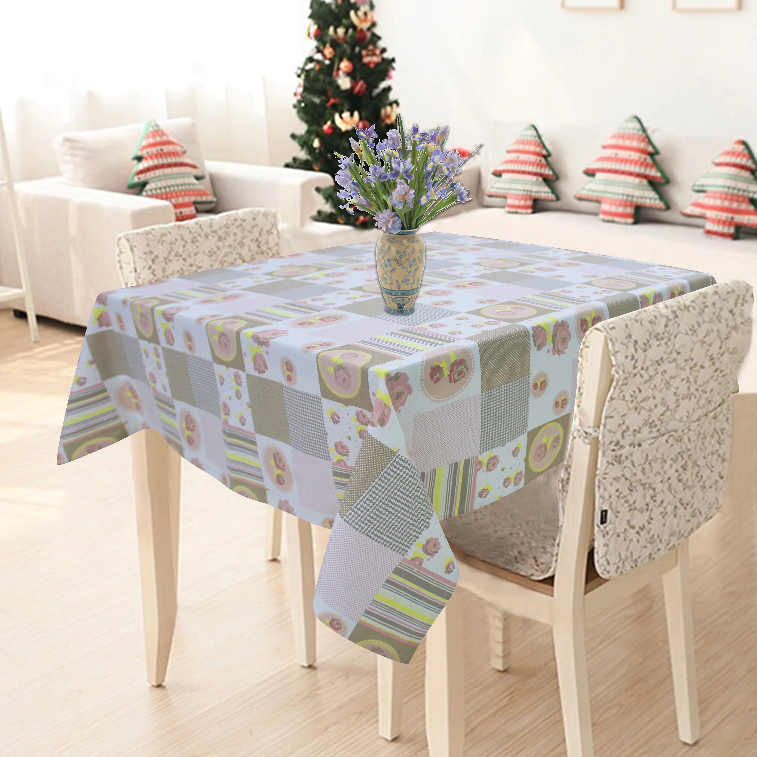 Cotton Check Flower 6 Seater Table Cloths