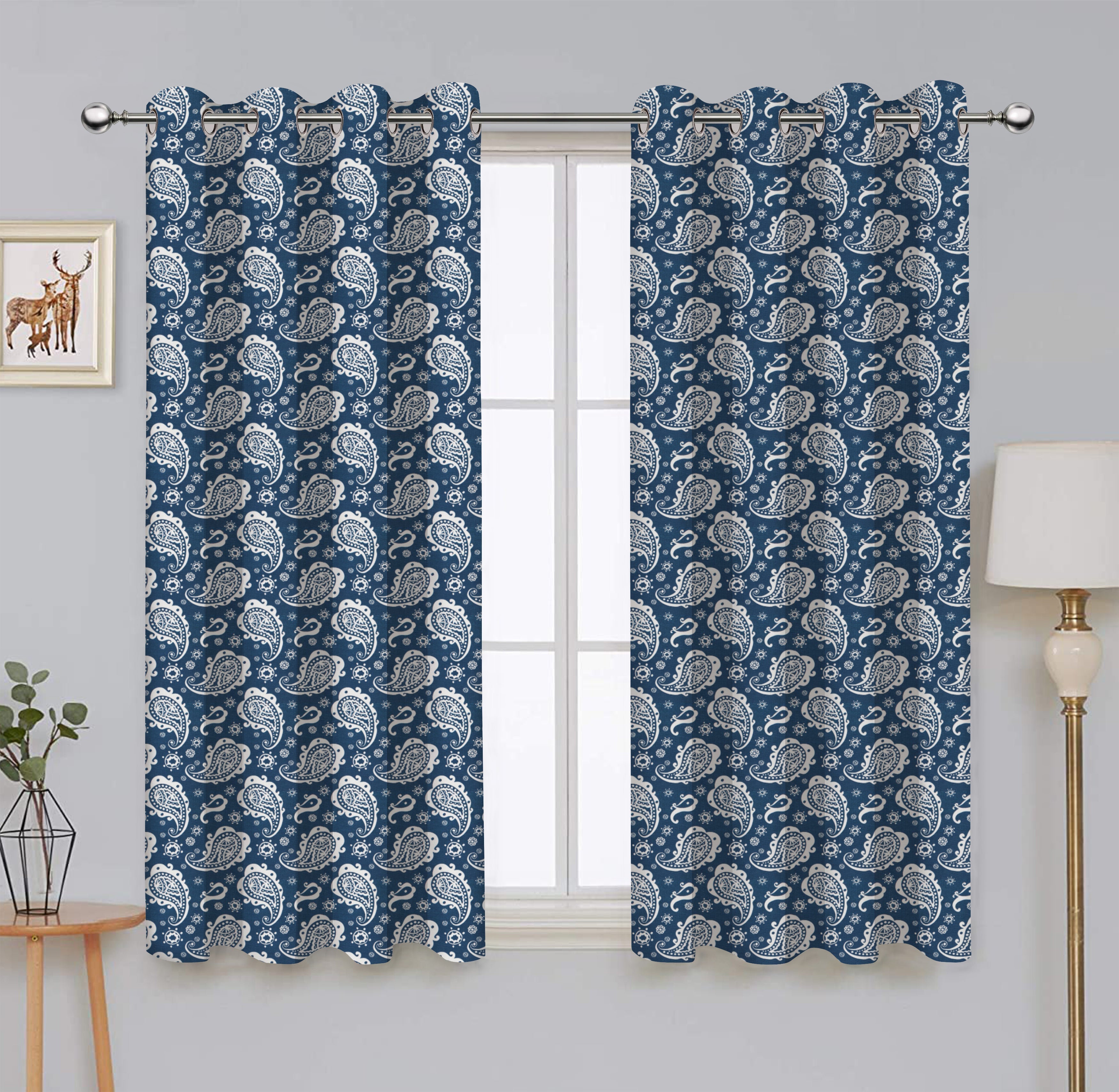 Cotton Blue Paisley Long 9ft Door Curtains Pack Of 2
