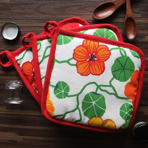 Cotton Green and Orange Flower With Red Piping Pot Holders Pack Of 3 freeshipping - Airwill