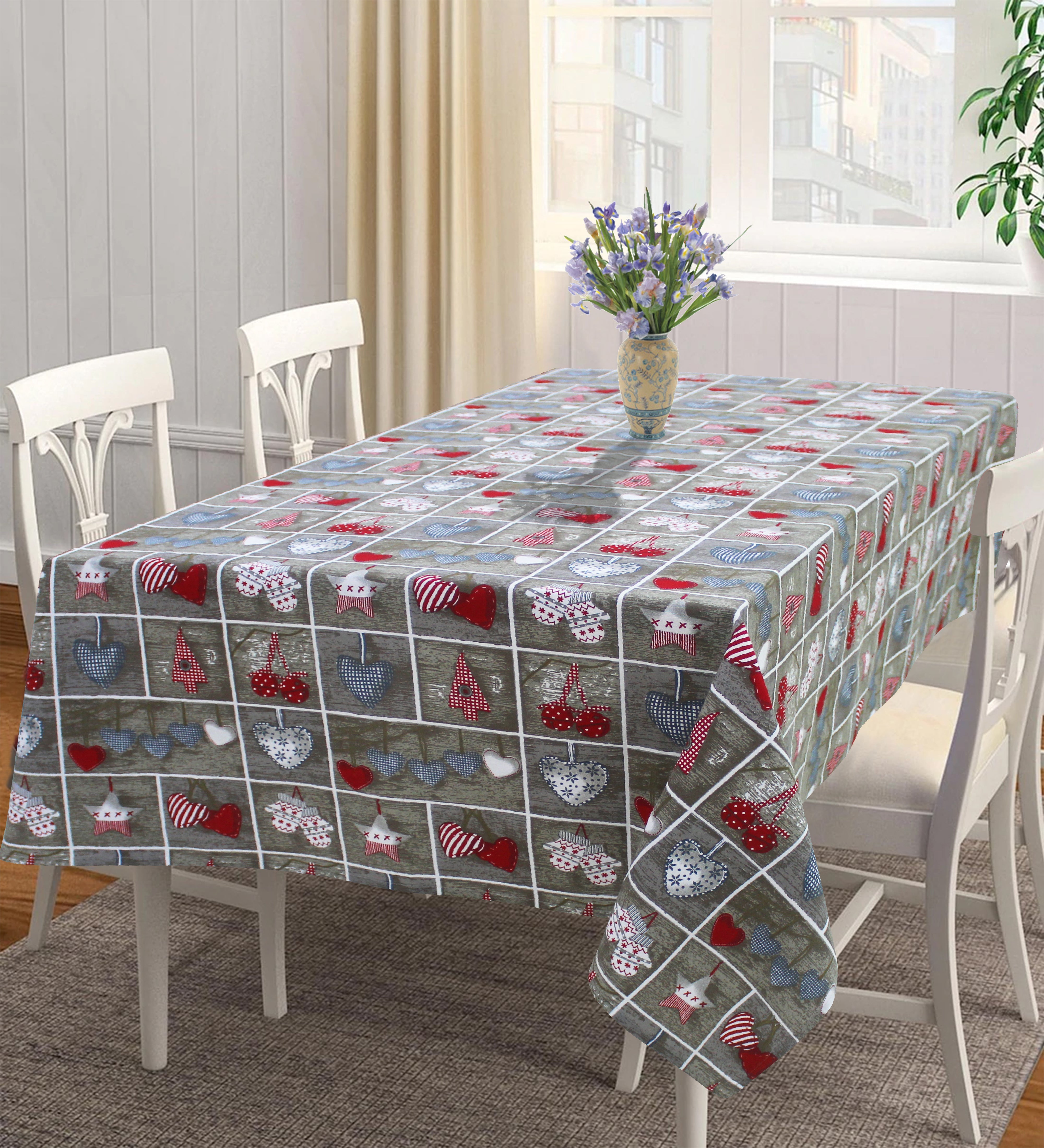 Cotton Xmas Heart 6 Seater Table Cloths