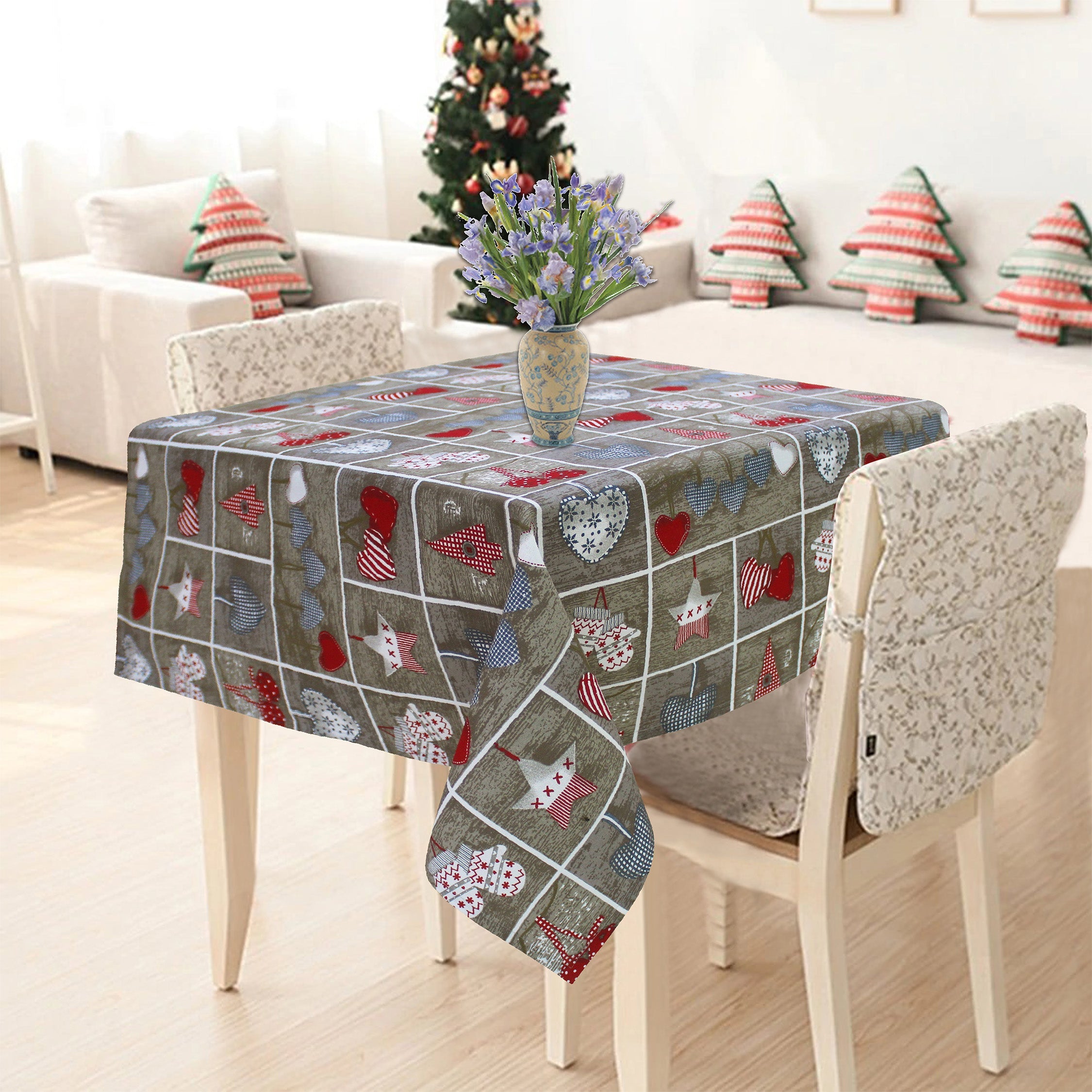 Cotton Xmas Heart 6 Seater Table Cloths
