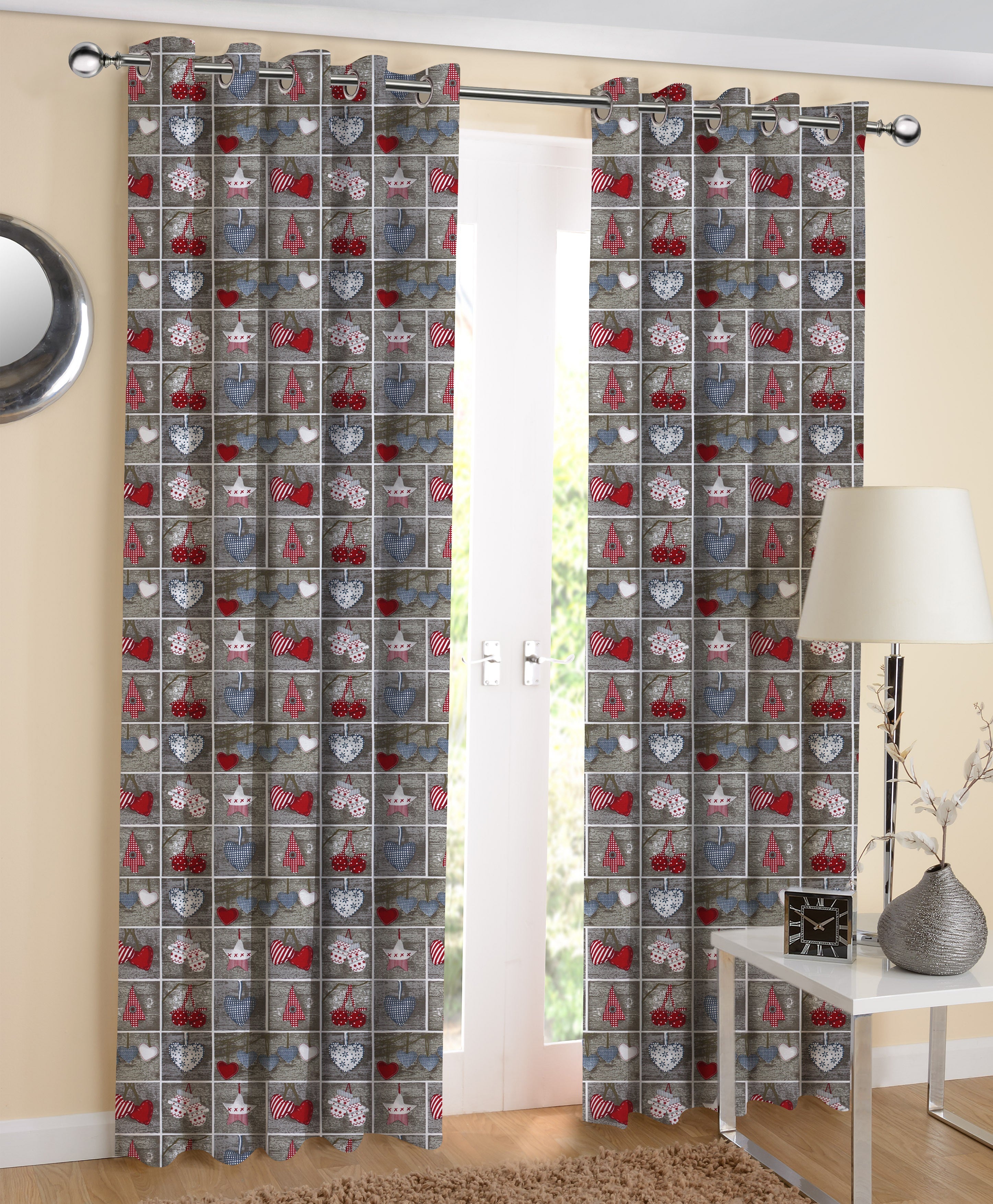 Cotton Xmas Heart 7ft Door Curtains Pack Of 2