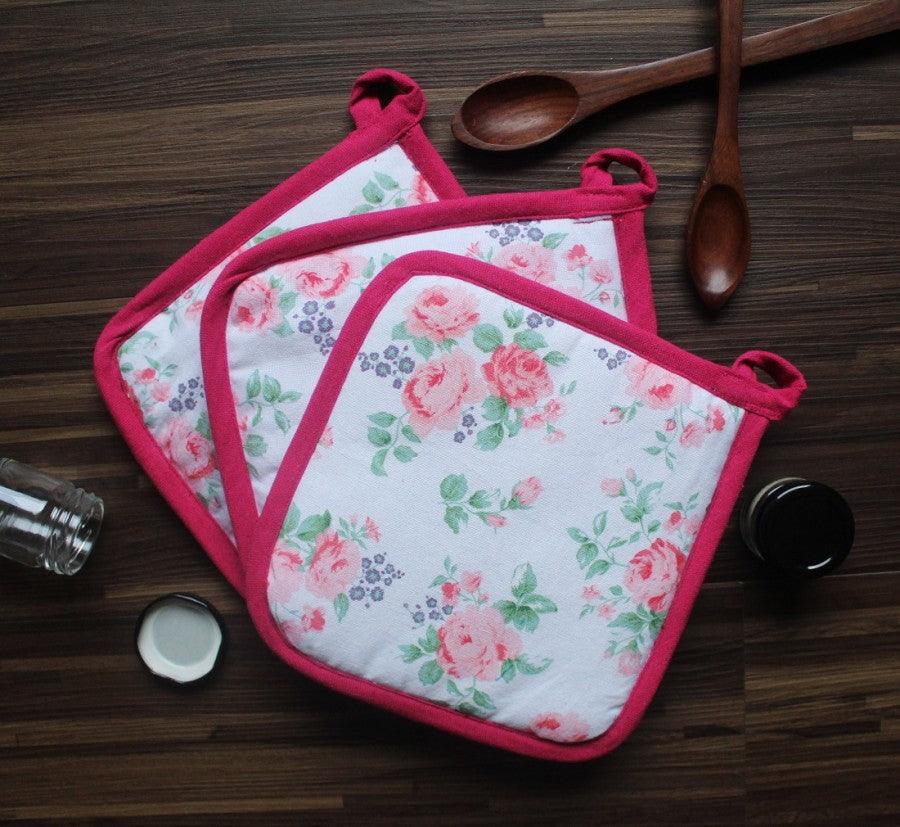 Cotton Small Pink Rose Pot Holders Pack Of 3