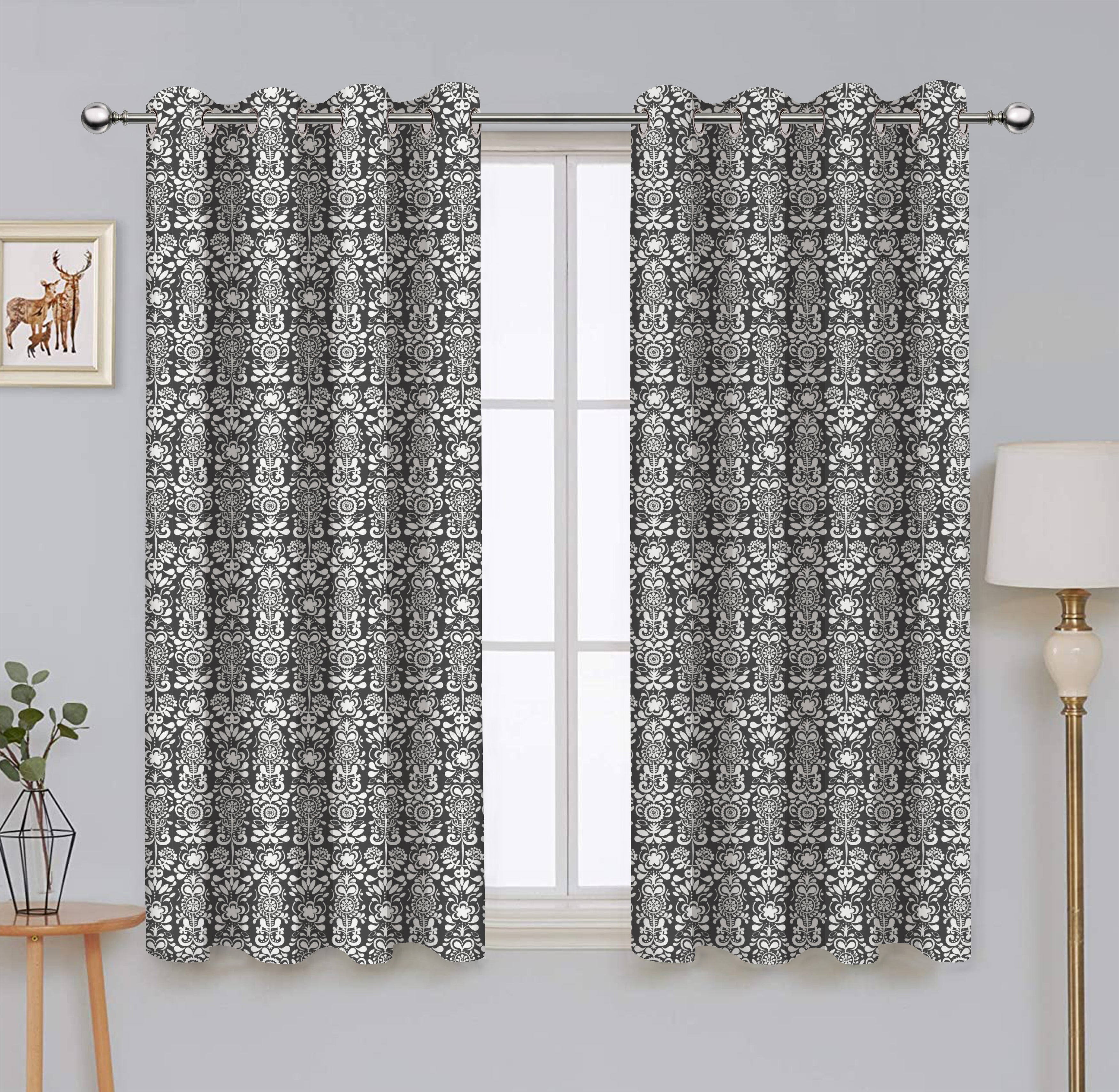 Cotton Grey Damask Long 9ft Door Curtains Pack Of 2