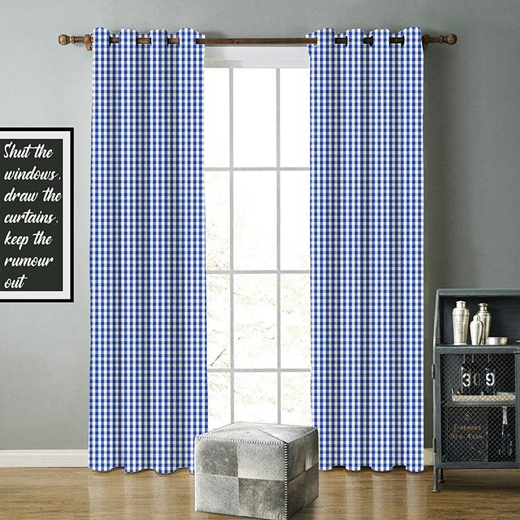 Cotton Gingham Check Blue 9ft Long Door Curtains Pack Of 2