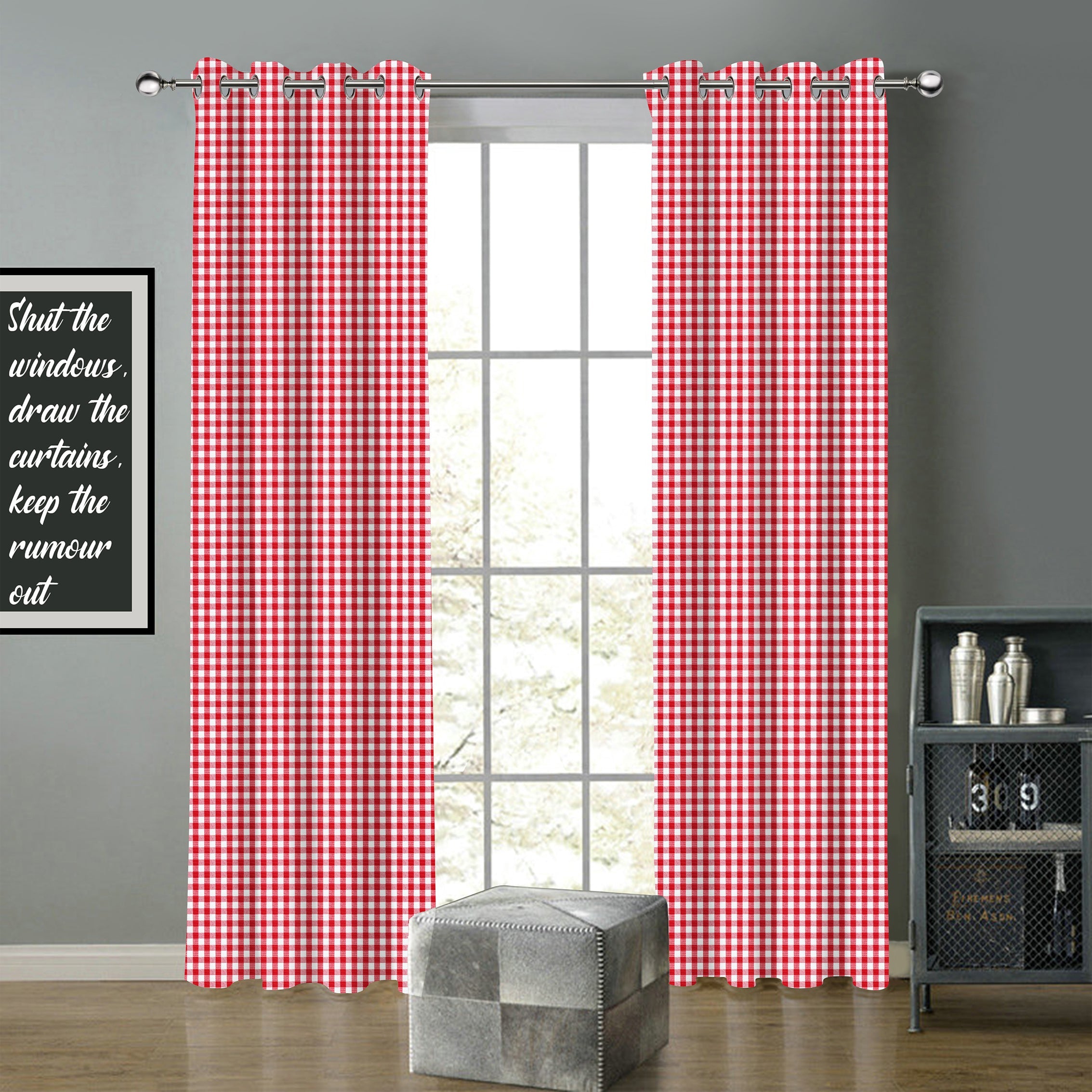 Cotton Gingham Check Red 5ft Window Curtains Pack Of 2