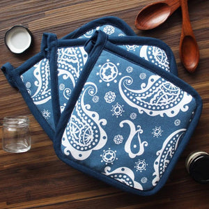 Cotton Blue Paislay Pot Holders Pack Of 3 freeshipping - Airwill