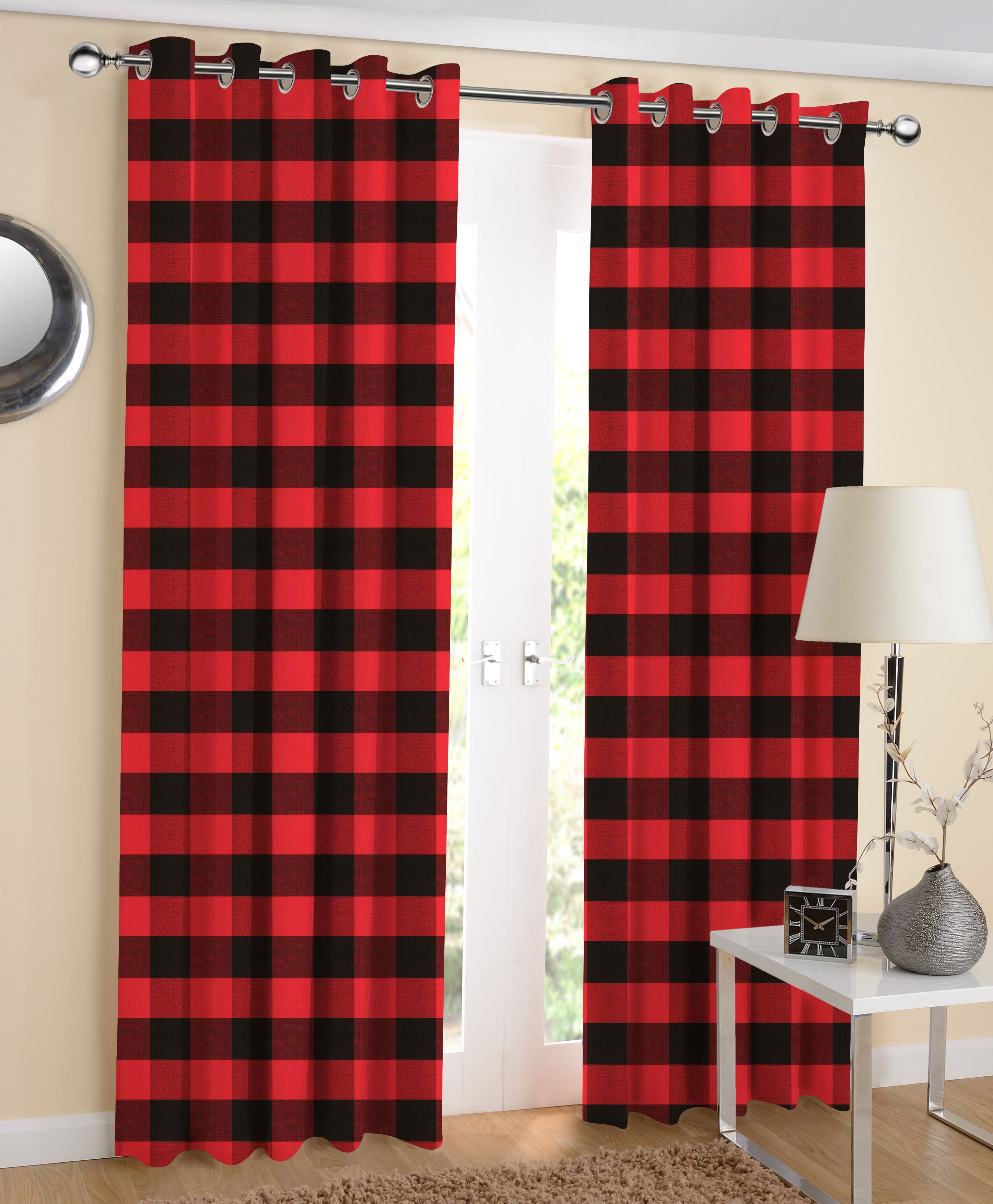 Cotton Big Check 7ft Door Curtains Pack Of 2