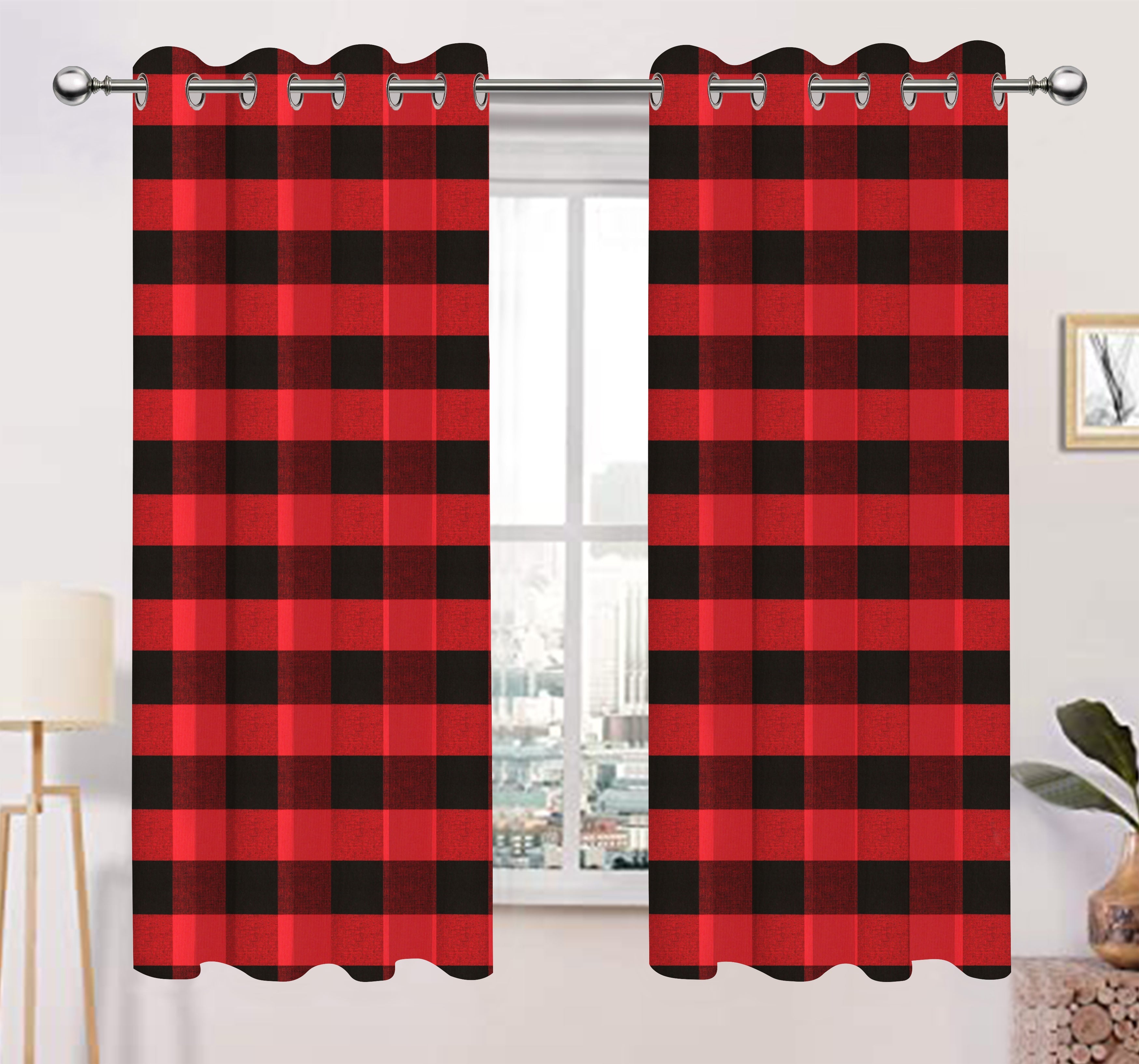 Cotton Big Check 7ft Door Curtains Pack Of 2