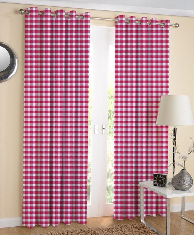 Cotton Gingham Check Rose 7ft Door Curtains Pack Of 2