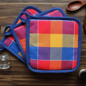 Cotton Adukalam Check With Blue Piping Pot Holders Pack Of 3 freeshipping - Airwill