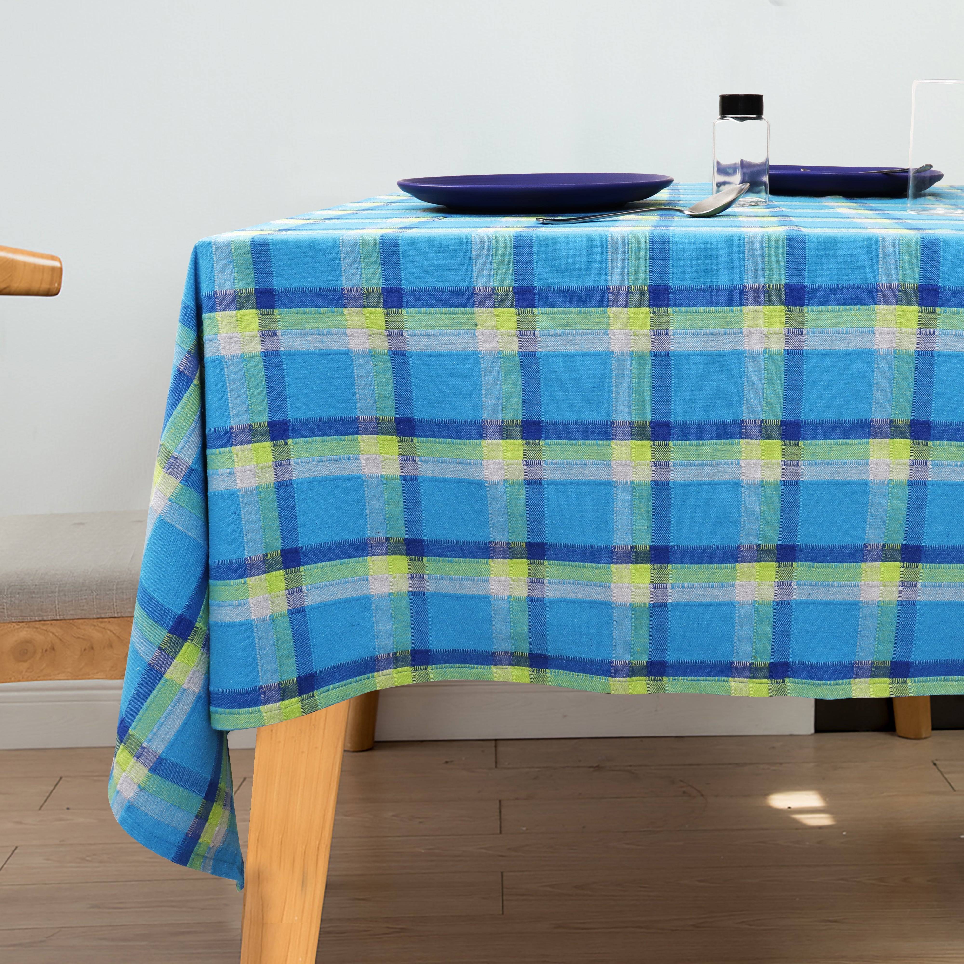 Cotton Iran Check Blue 8 Seater Table Cloths