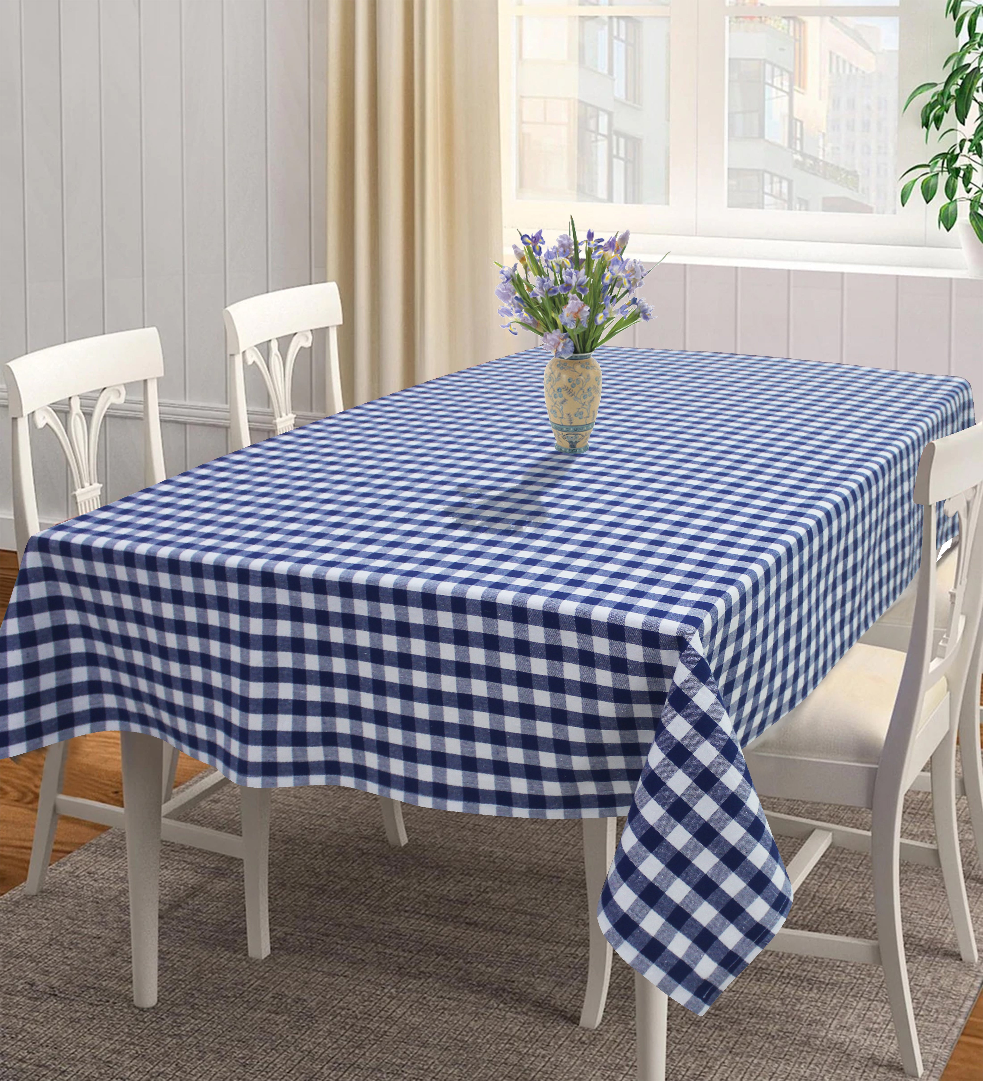 Cotton Gingham Check Blue 6 Seater Table Cloths