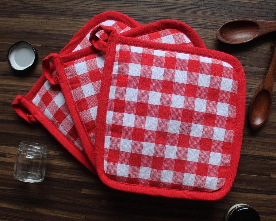 Cotton Gingham Check Red Pot Holders Pack Of 3