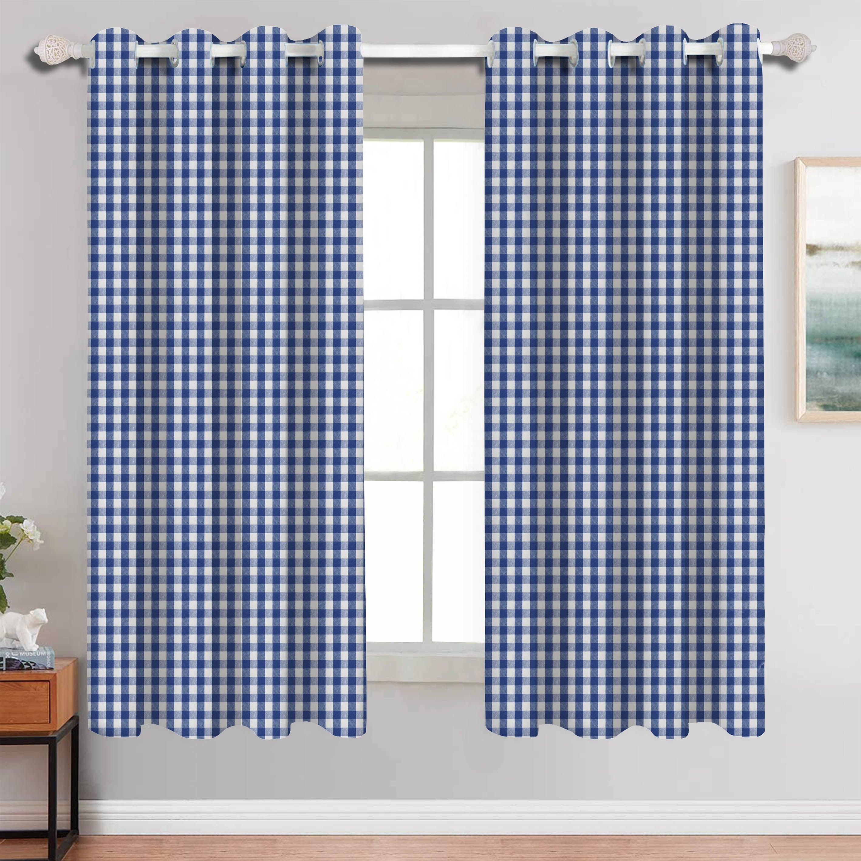 Cotton Gingham Check Blue 5ft Window Curtains Pack Of 2