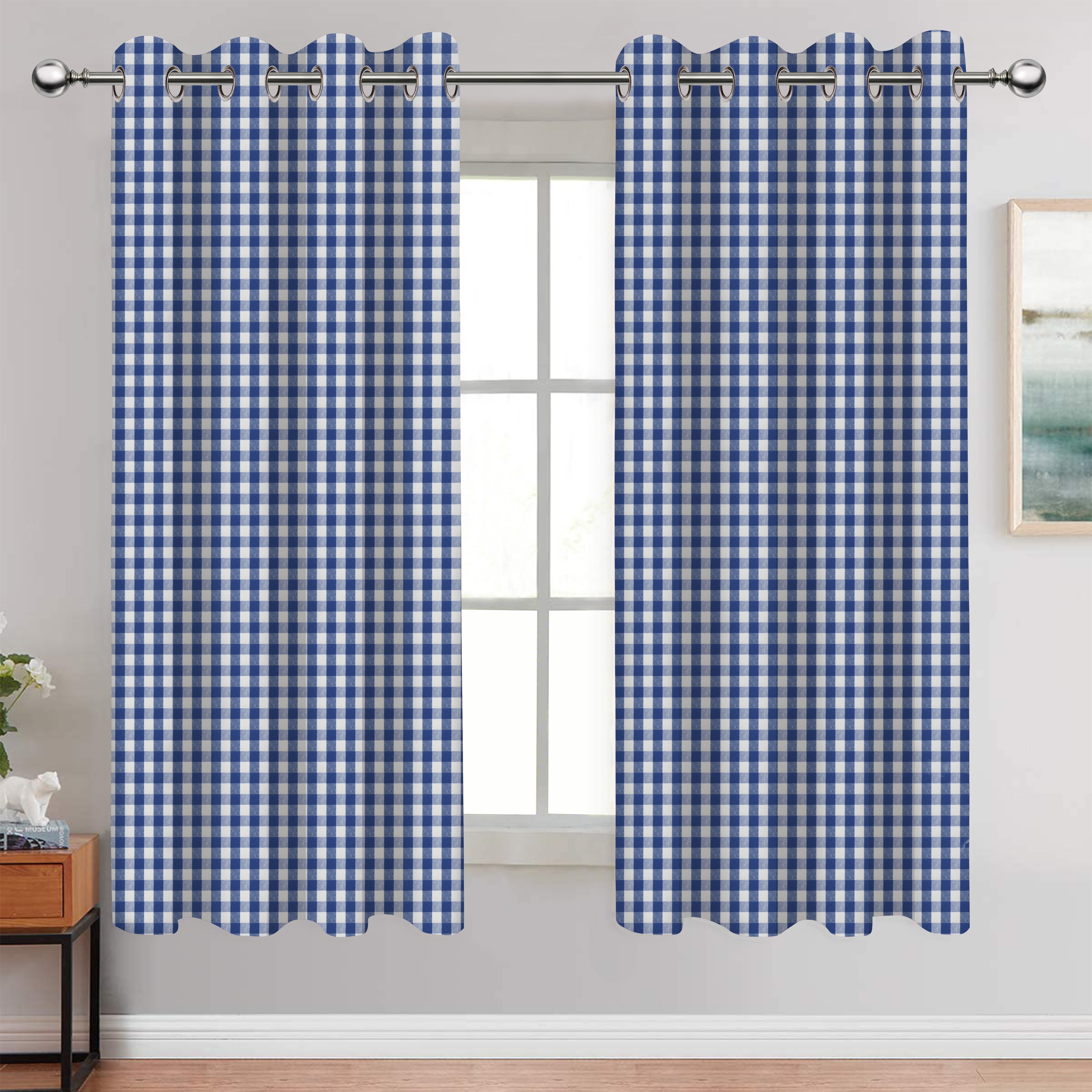 Cotton Gingham Check Blue 9ft Long Door Curtains Pack Of 2