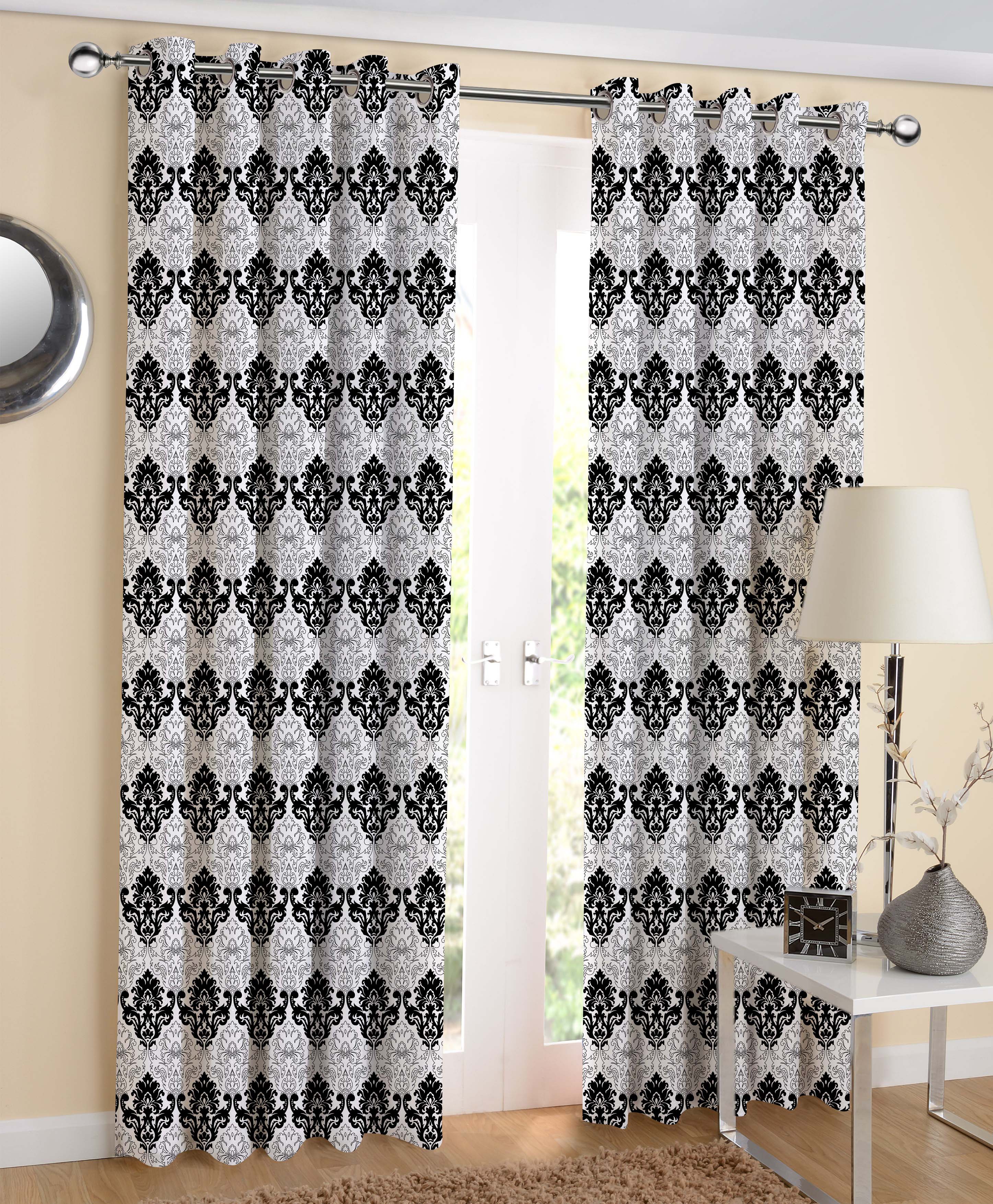 Cotton Black and White Damask 5ft Window Curtains Pack Of 2