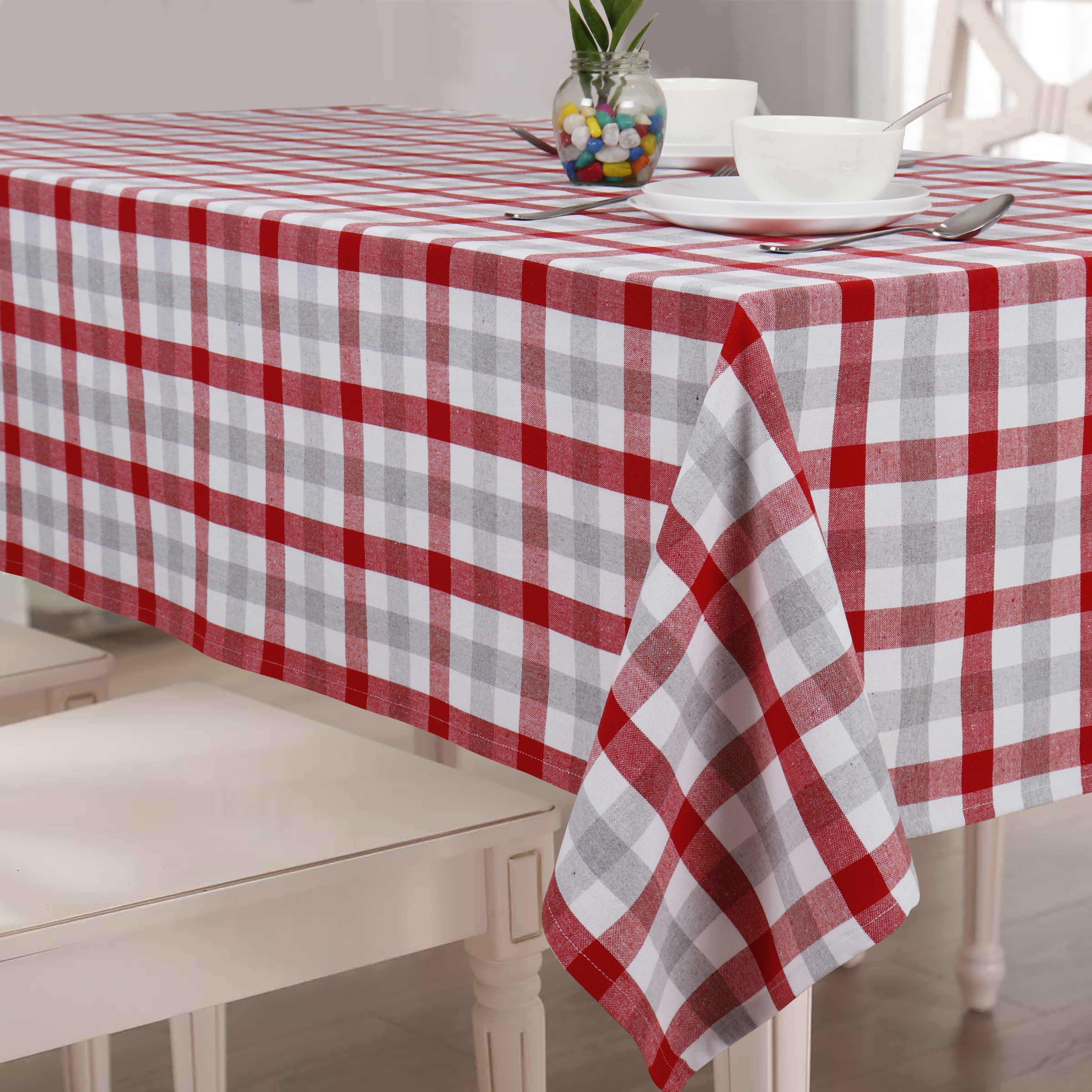 Cotton Lanfranki Red Check 8 Seater Table Cloths