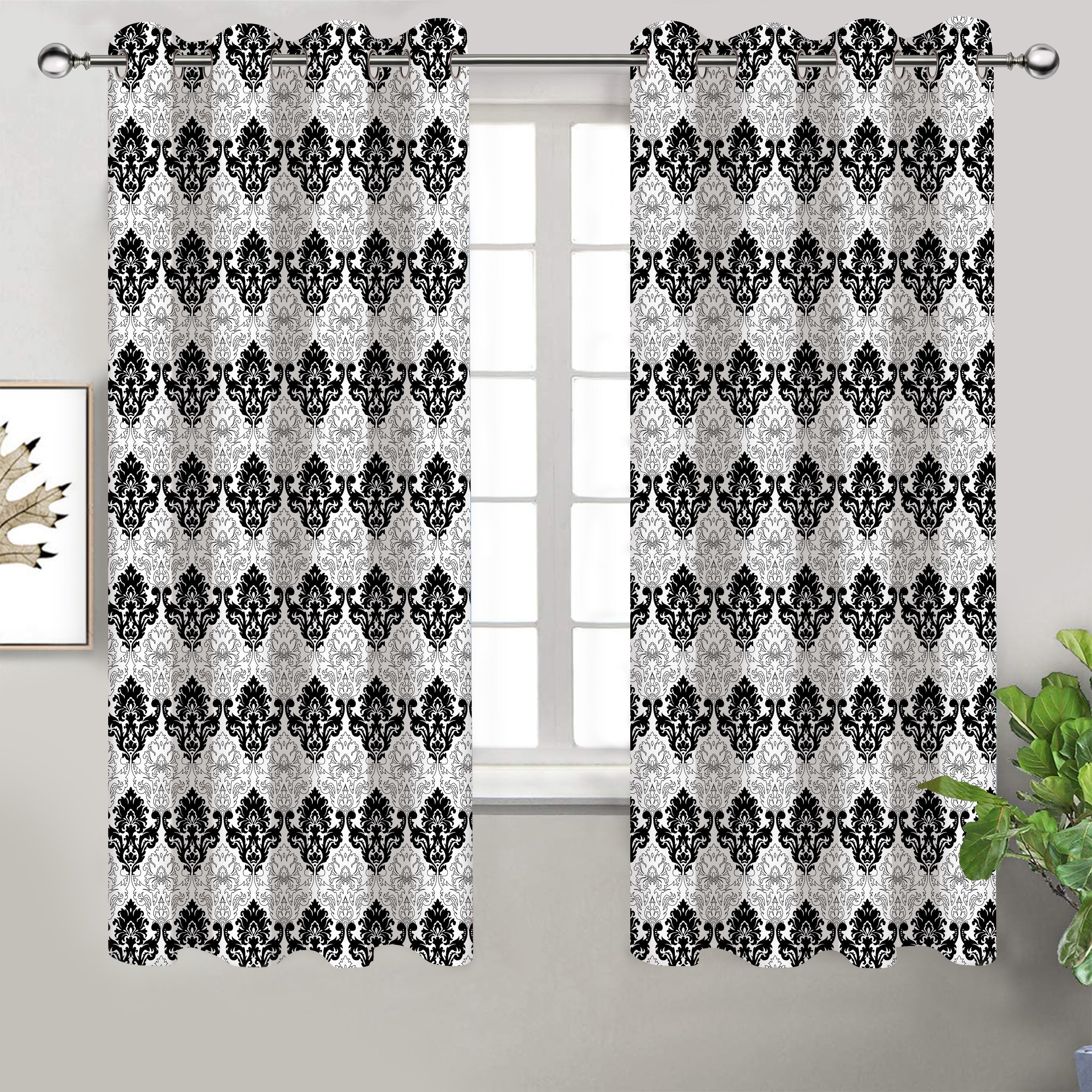 Cotton Black & White Damask Long 9ft Door Curtains Pack Of 2