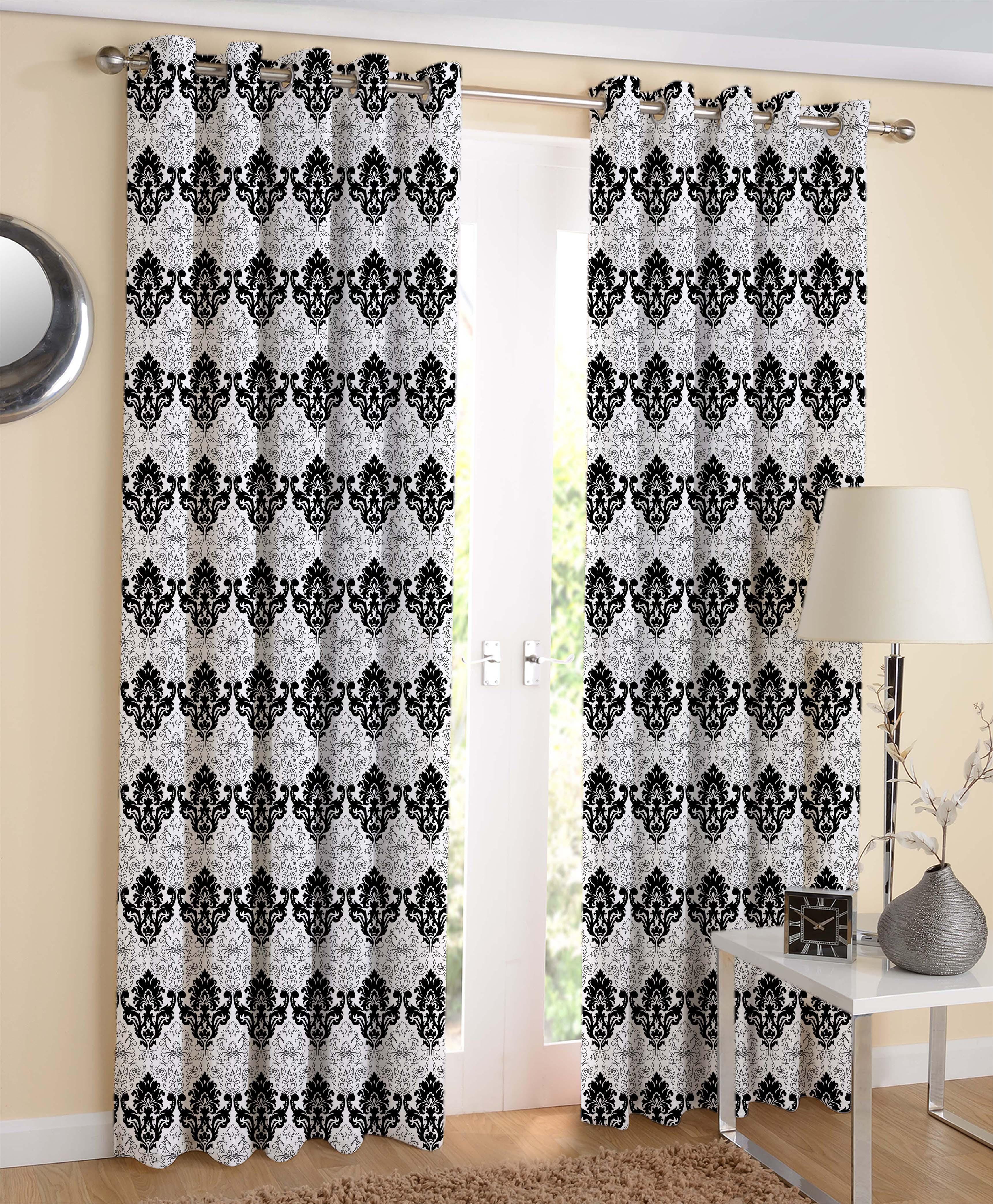 Cotton Black & White Damask Long 9ft Door Curtains Pack Of 2