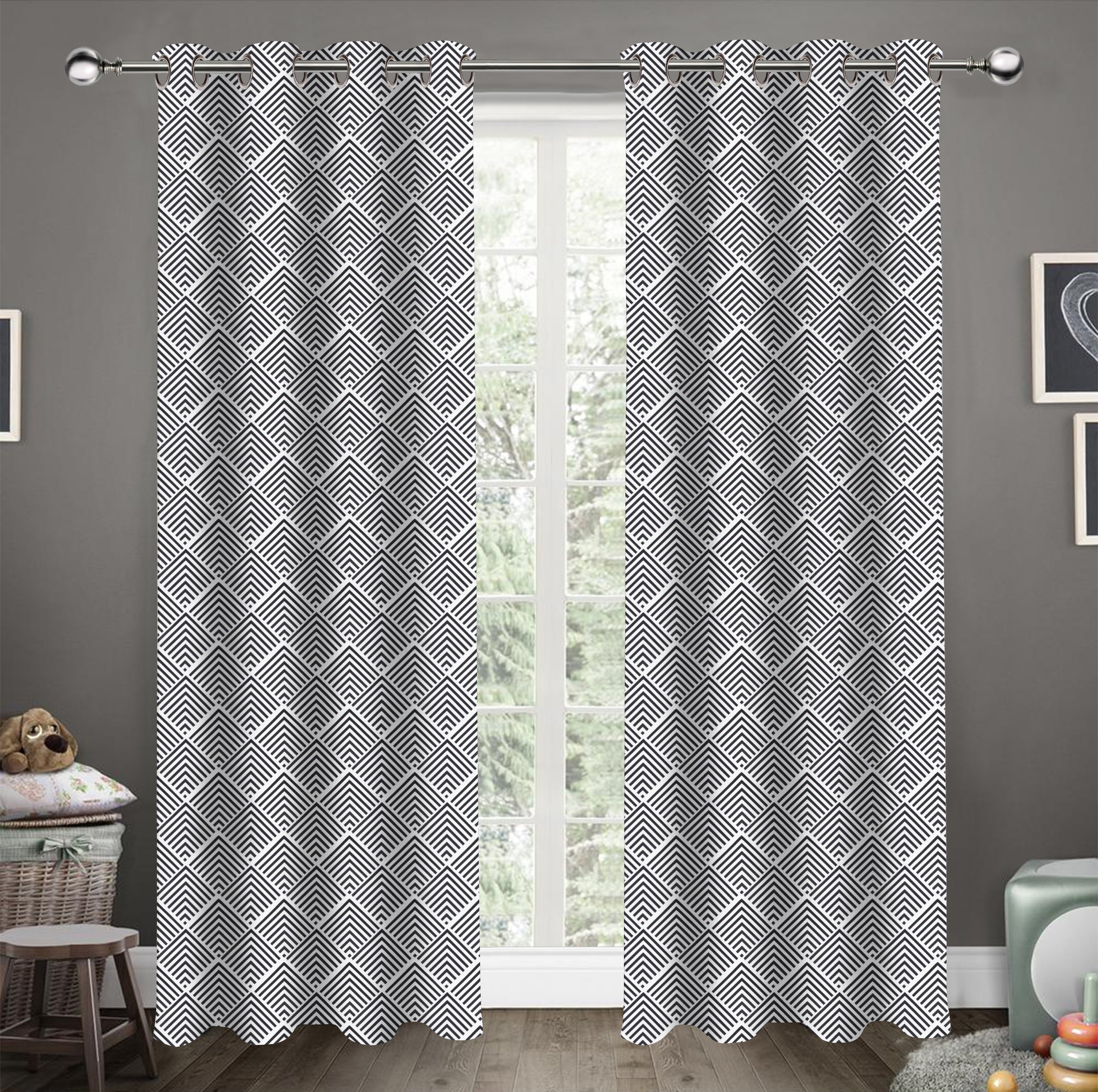 Cotton Diamond Check Long 9ft Door Curtains Pack Of 2