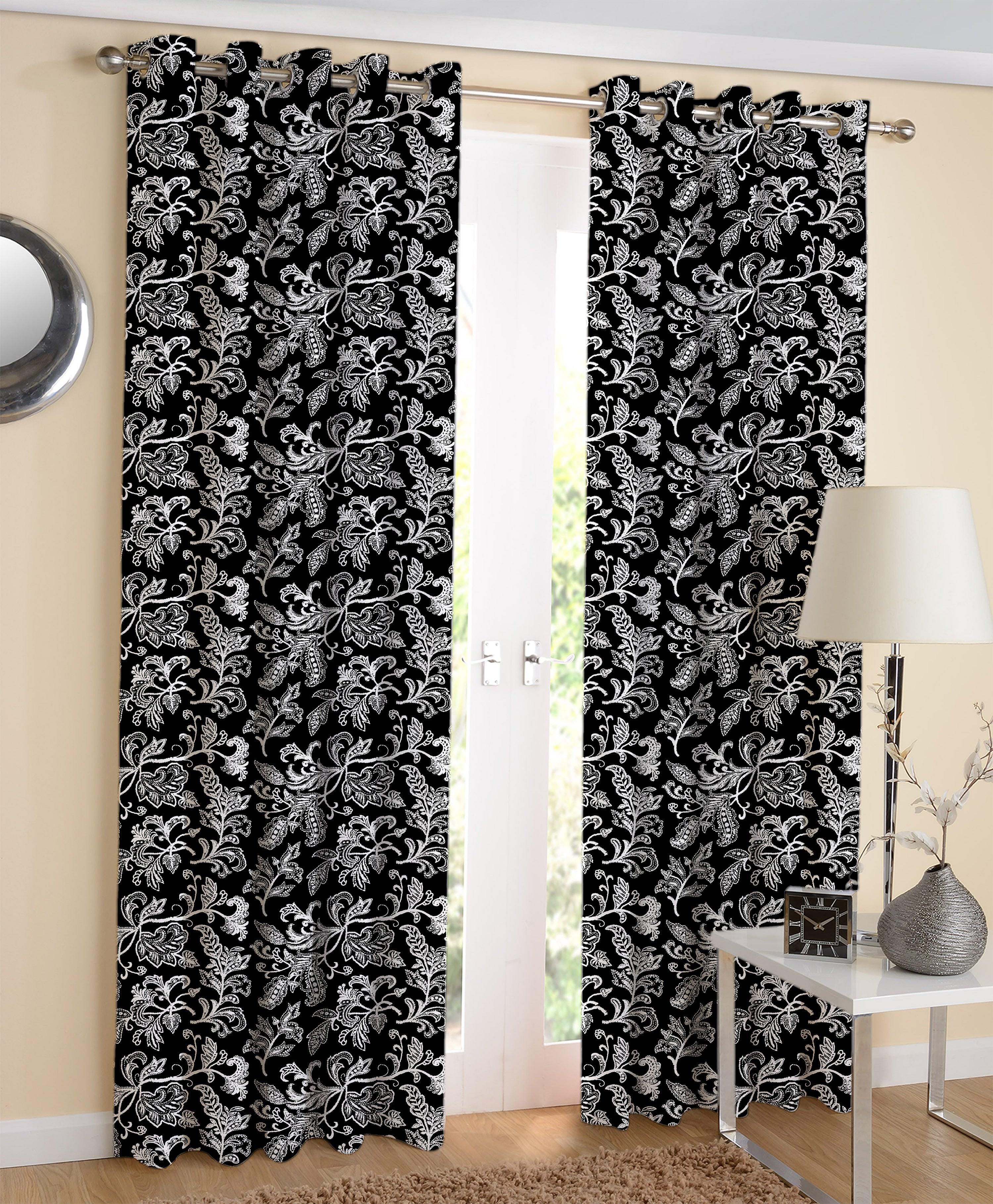Cotton Black Flower Long 9ft Door Curtains Pack Of 2