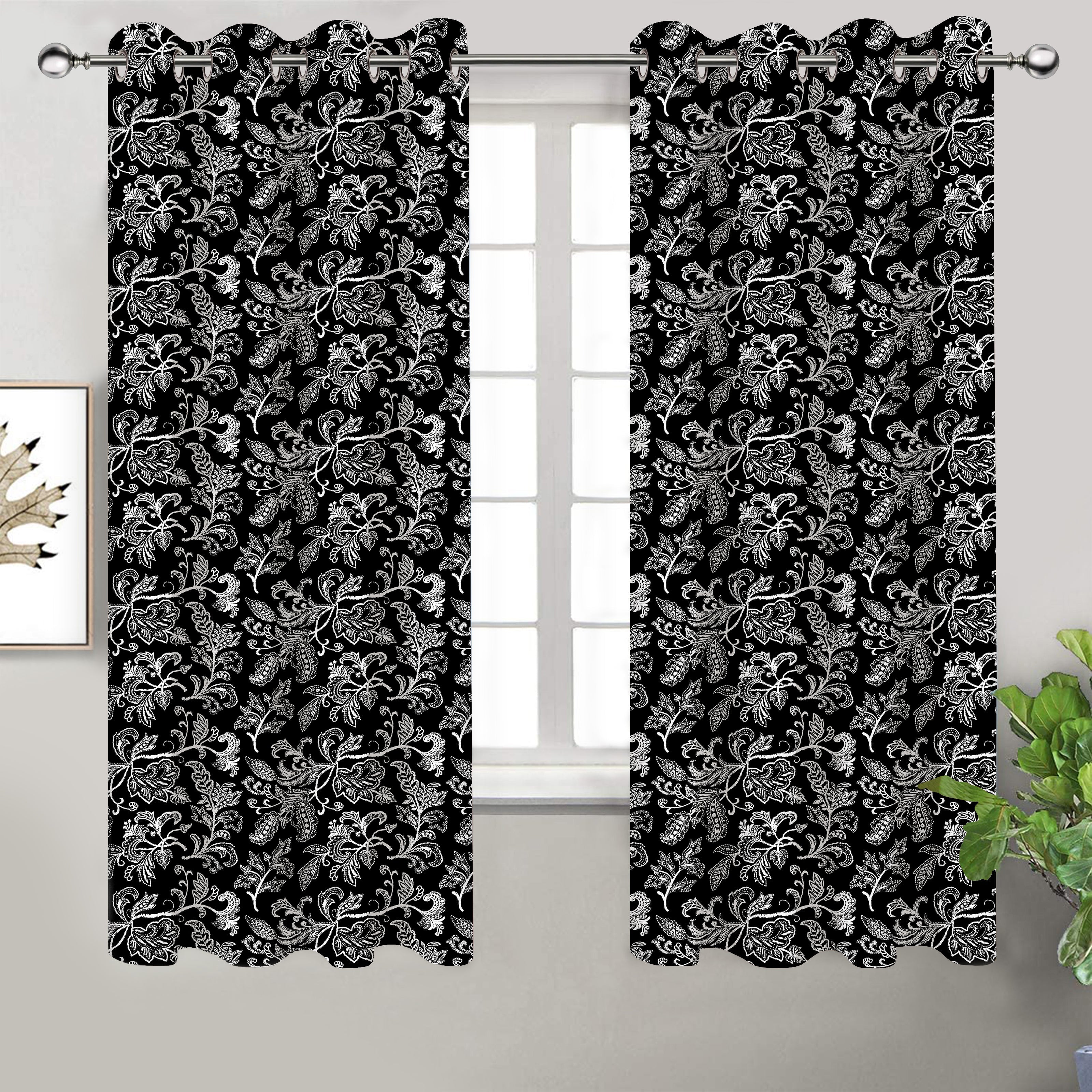 Cotton Black Flower Long 9ft Door Curtains Pack Of 2