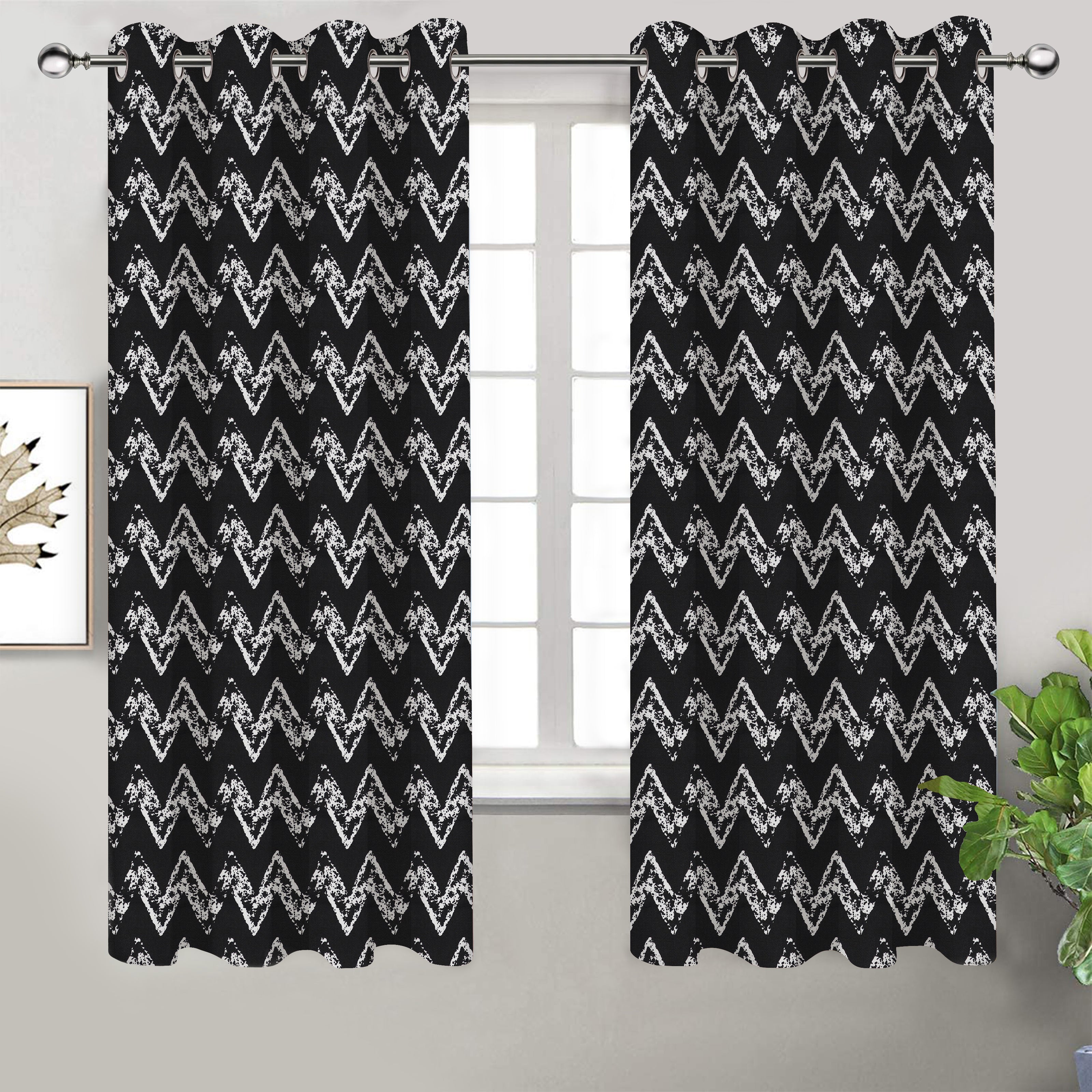Cotton Black Zig-Zag 7ft Door Curtains Pack Of 2