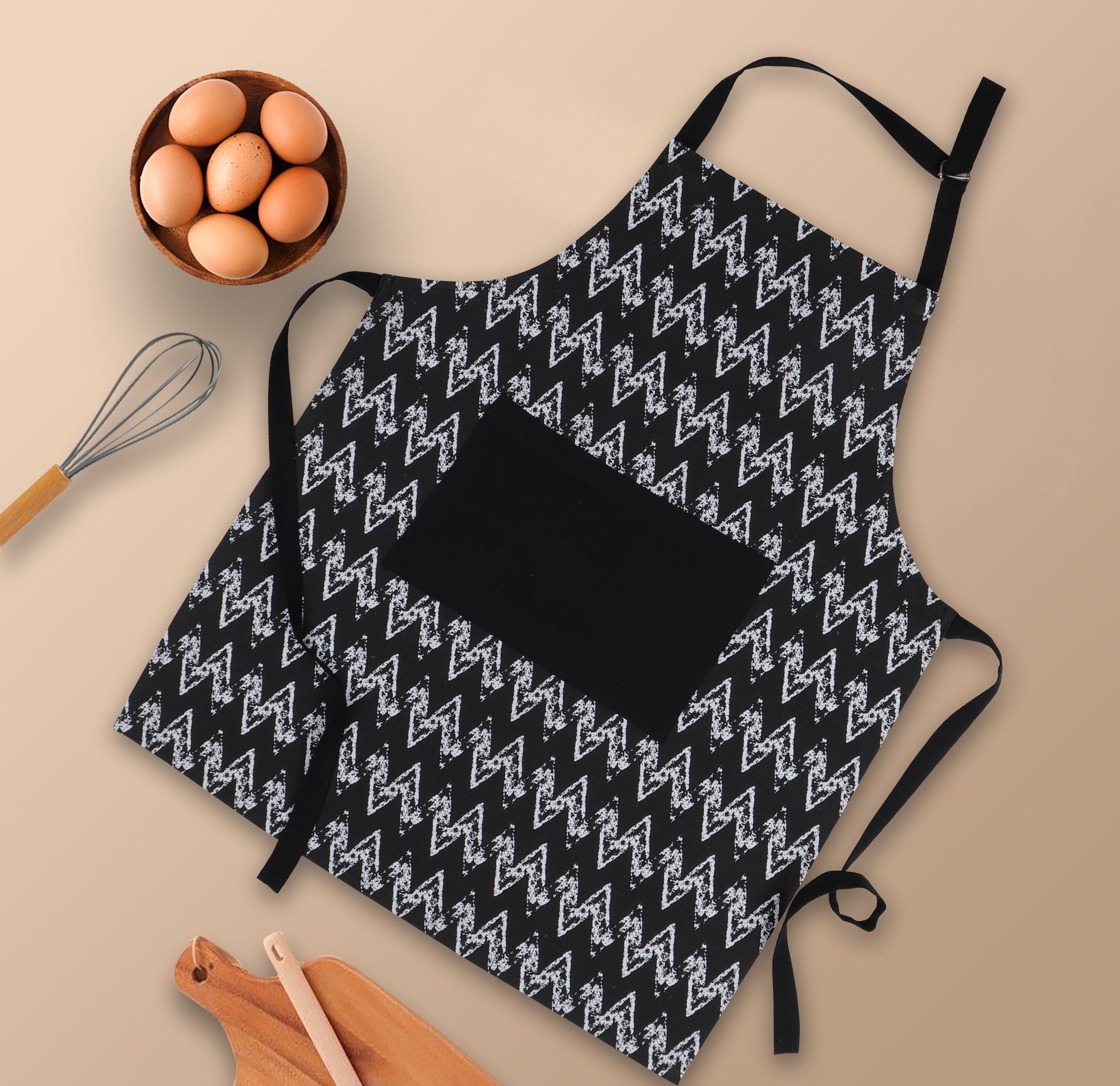Cotton Black Zig-Zag With Solid Pocket Free Size Apron