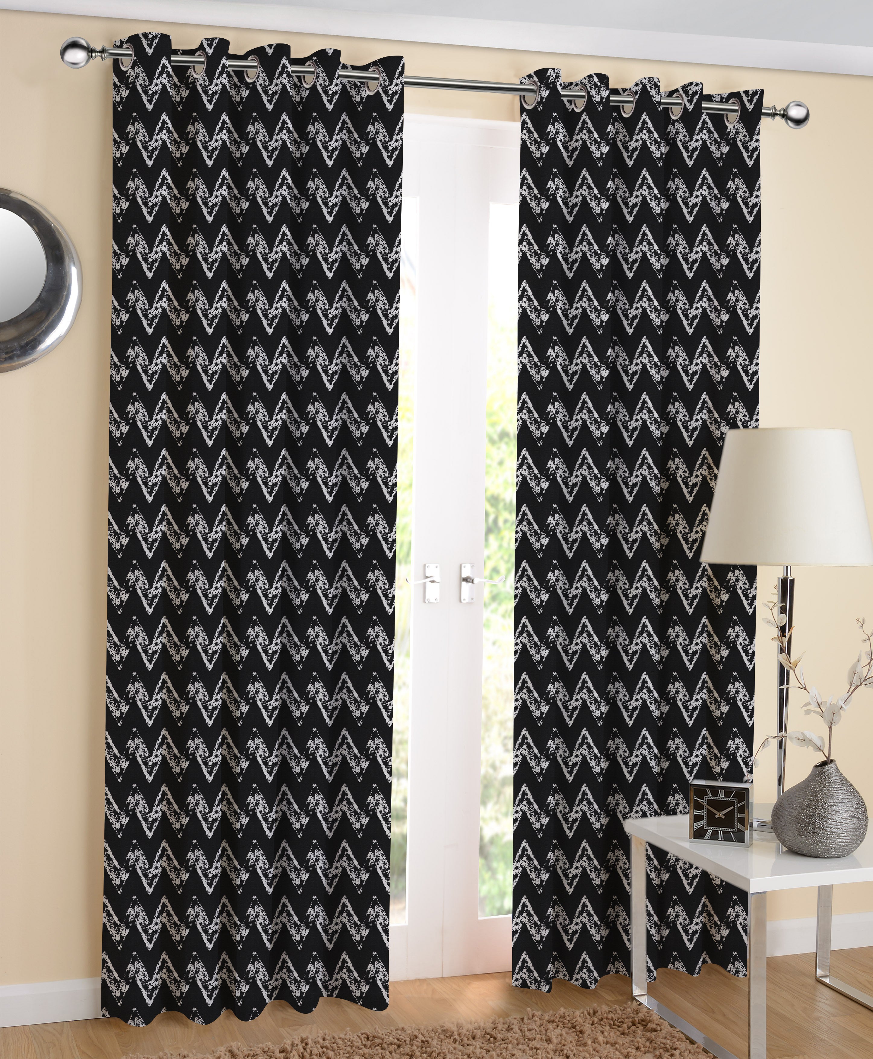 Cotton Black Zig-Zag 7ft Door Curtains Pack Of 2