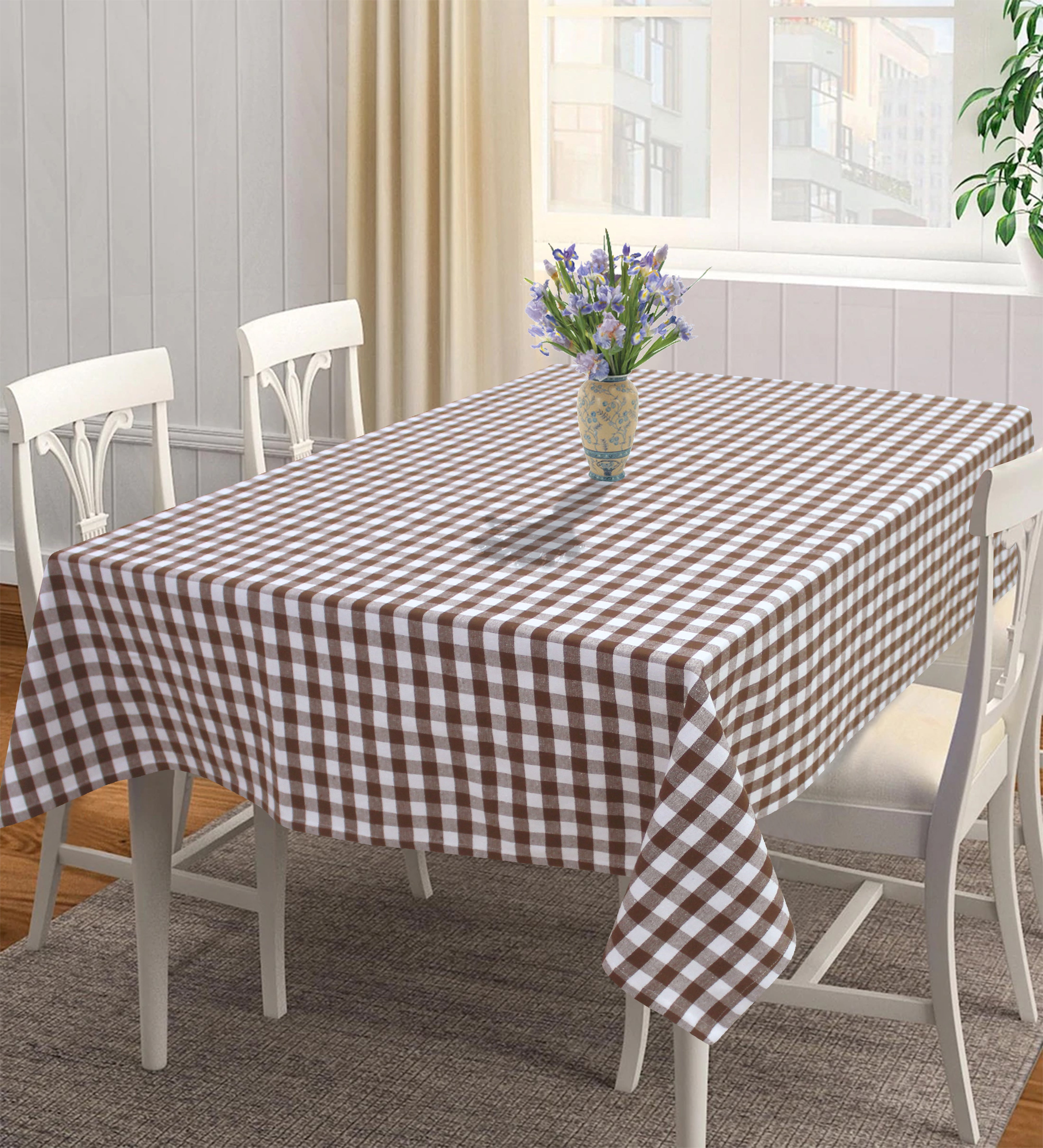 Cotton Gingham Check Brown 6 Seater Table Cloths