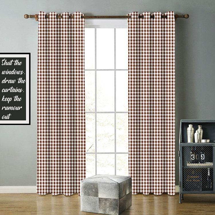 Cotton Gingham Check Brown 9ft Long Door Curtains Pack Of 2