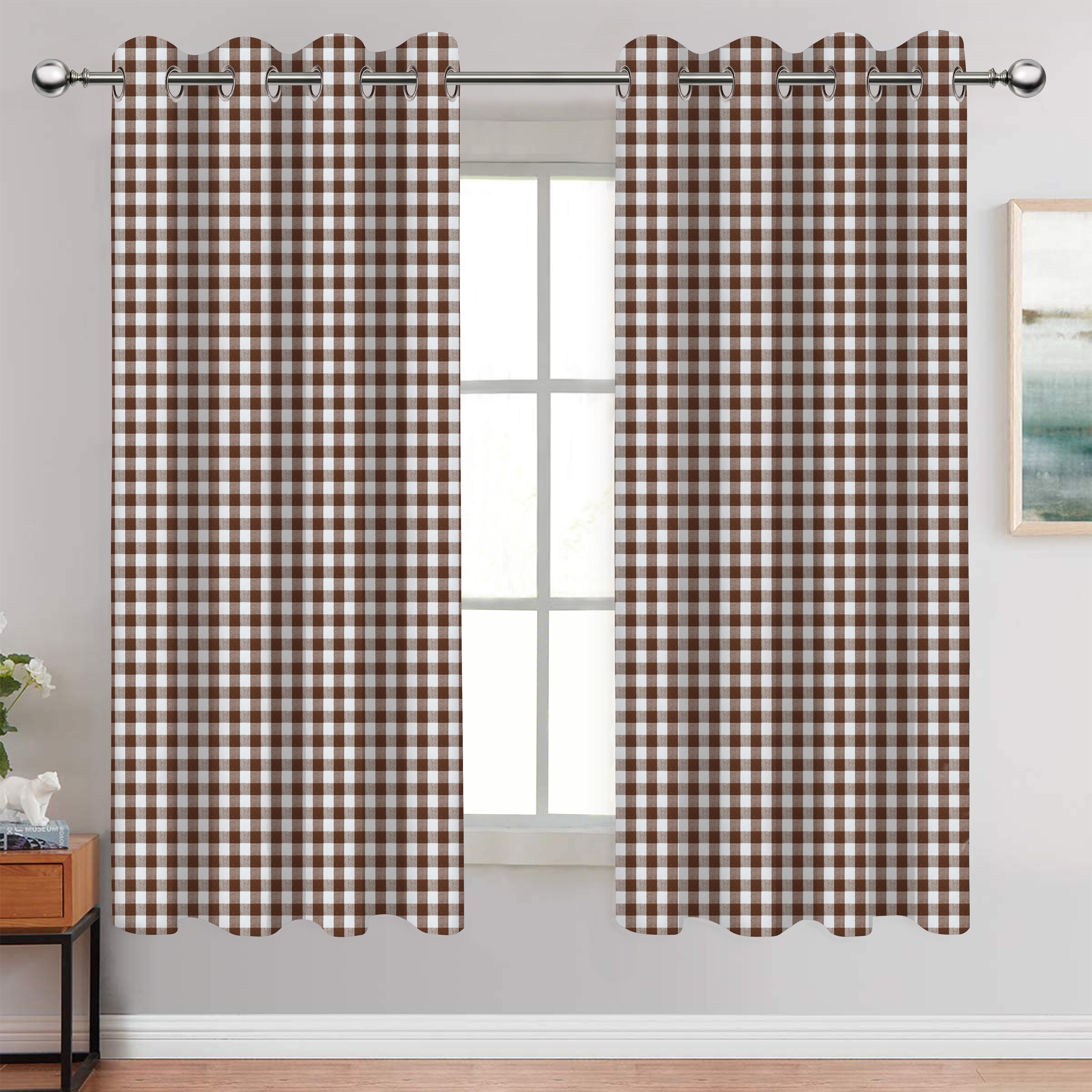 Cotton Gingham Check Brown 7ft Door Curtains Pack Of 2