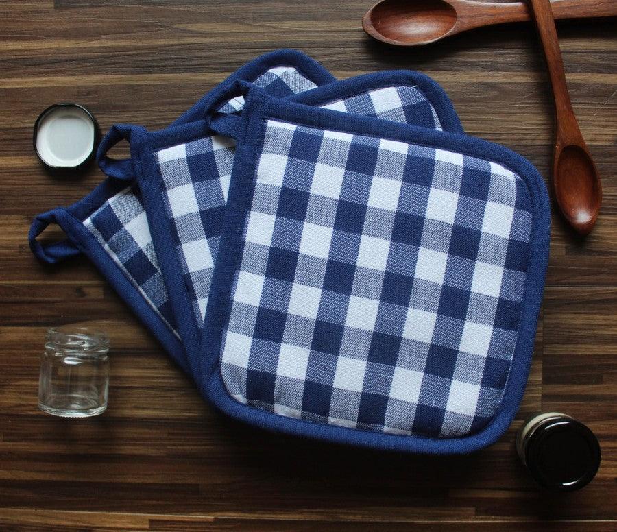 Cotton Gingham Check Blue Pot Holders Pack Of 3