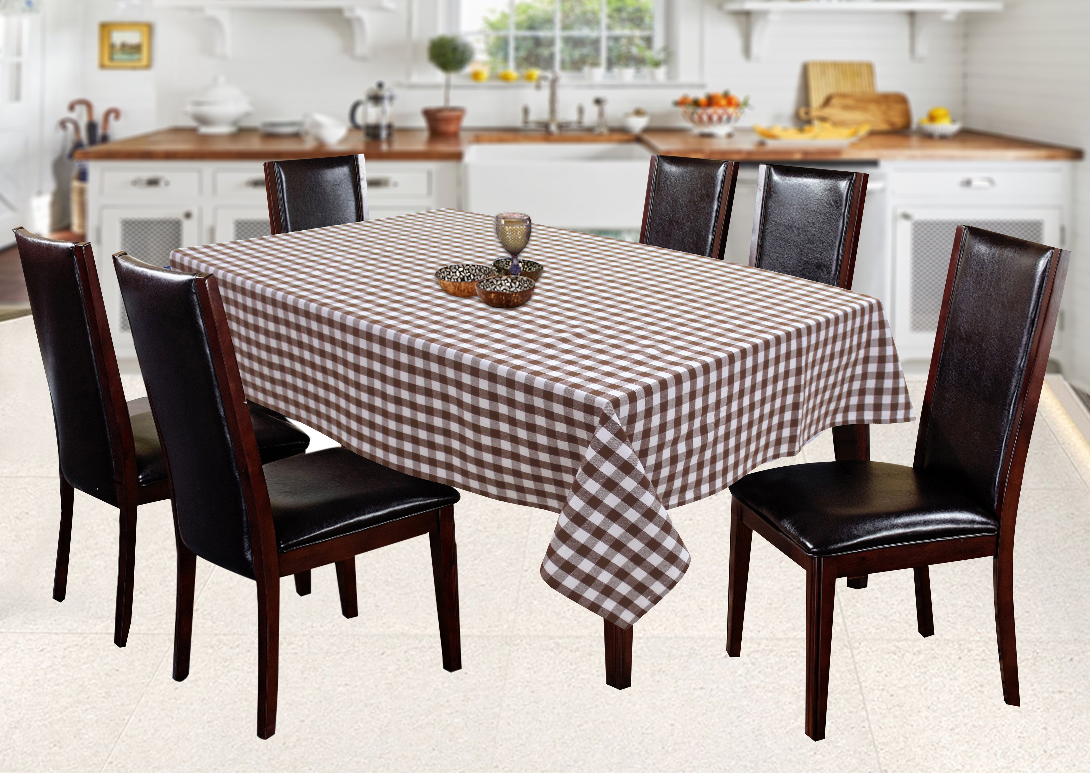 Cotton Gingham Check Brown 6 Seater Table Cloths