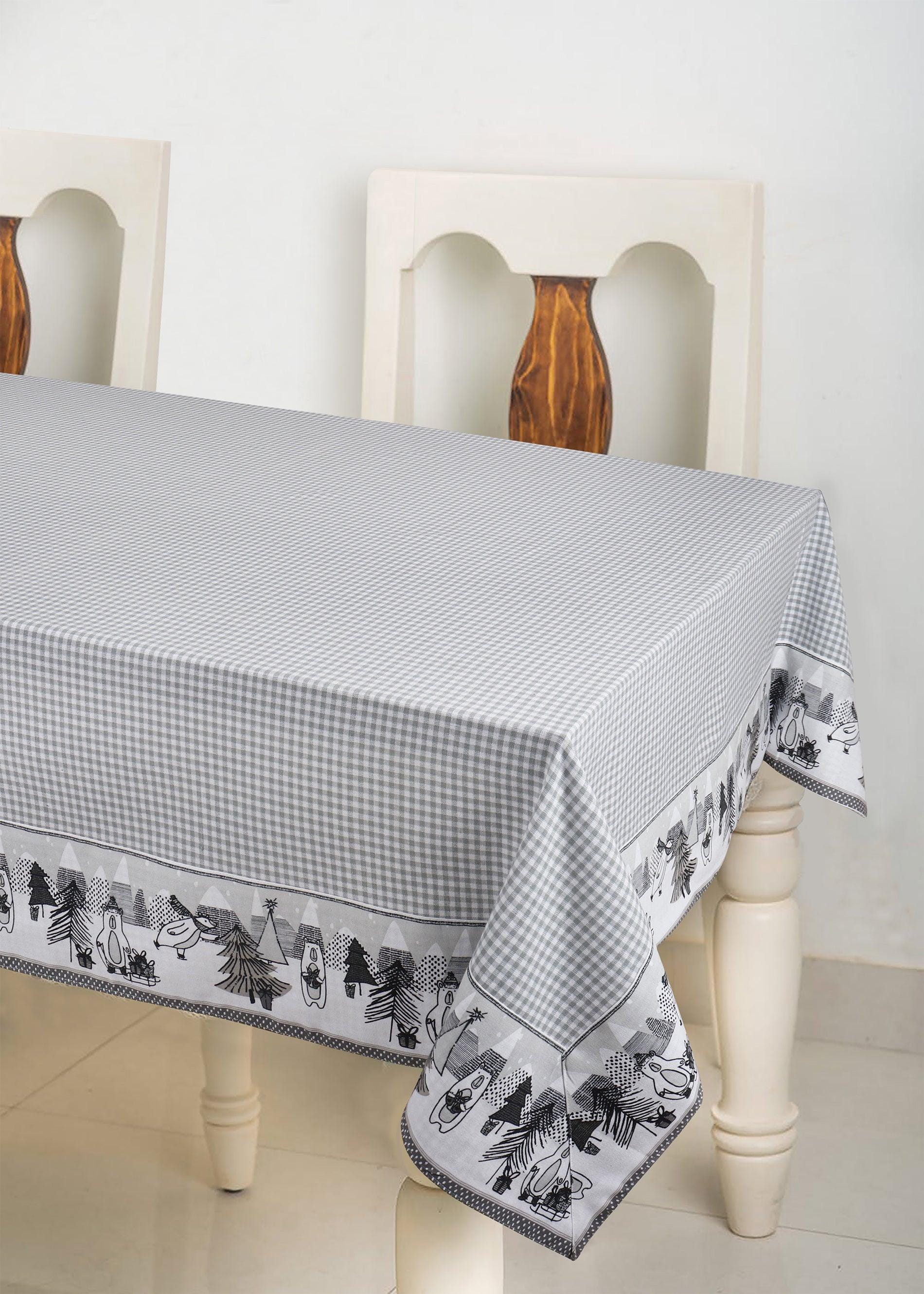 Cotton Grey Check with Xmas Border 6 Seater Table Cloths