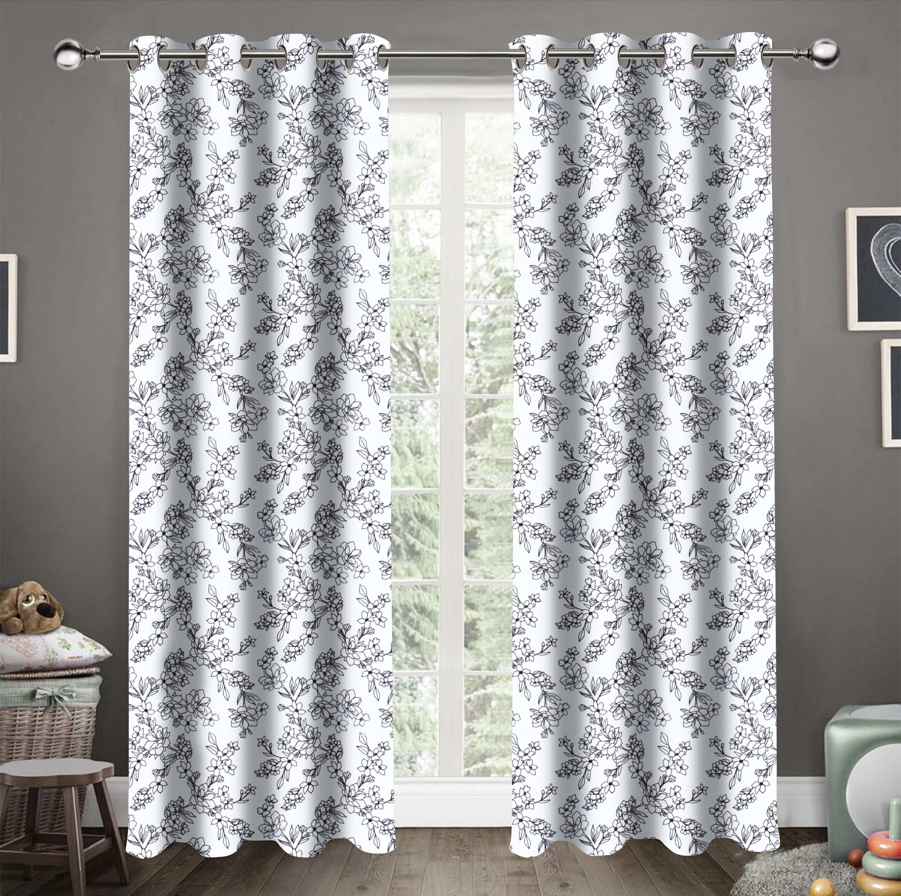 Cotton Pencil Flower 5ft Window Curtains Pack Of 2