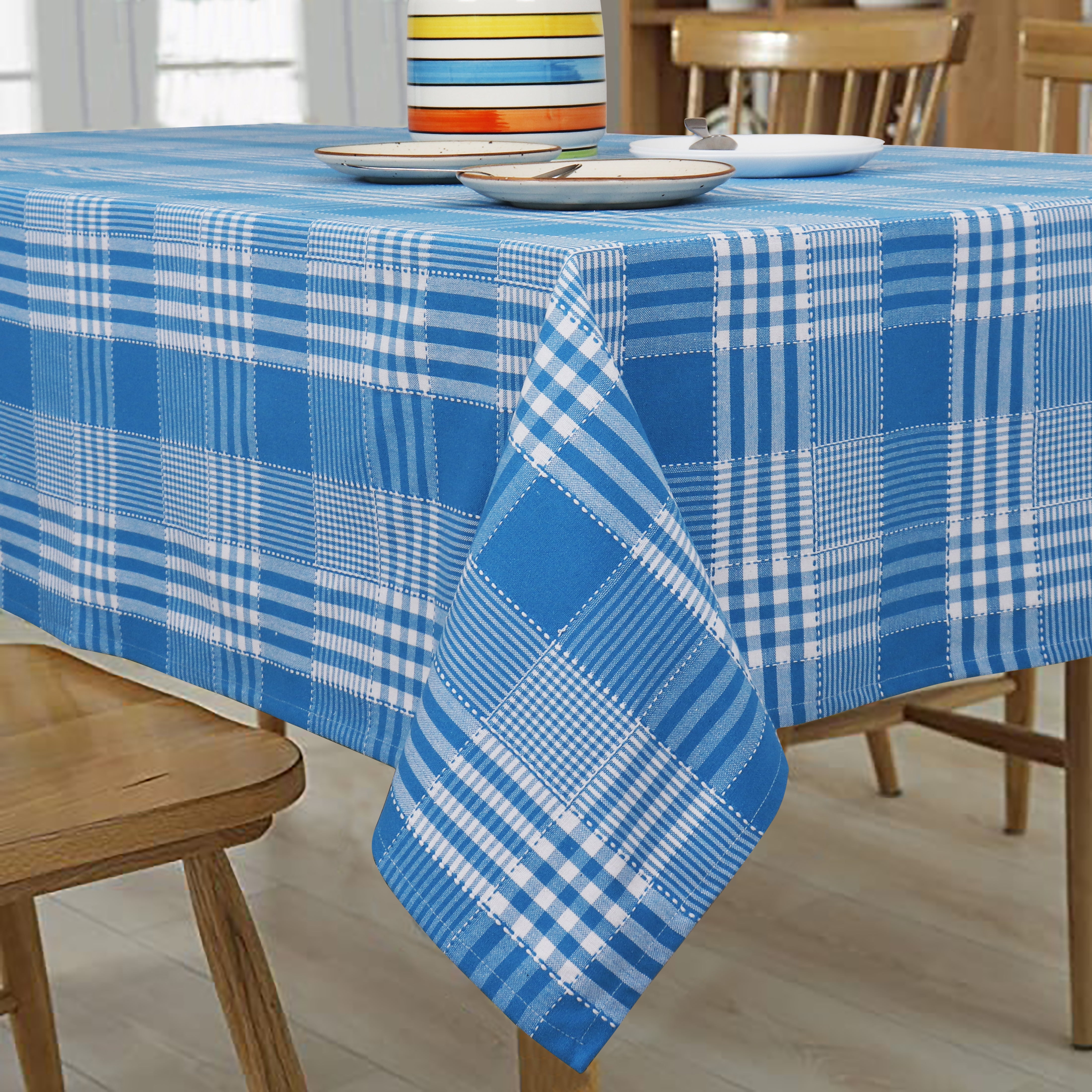 Cotton Track Dobby Blue 6 Seater Table Cloths