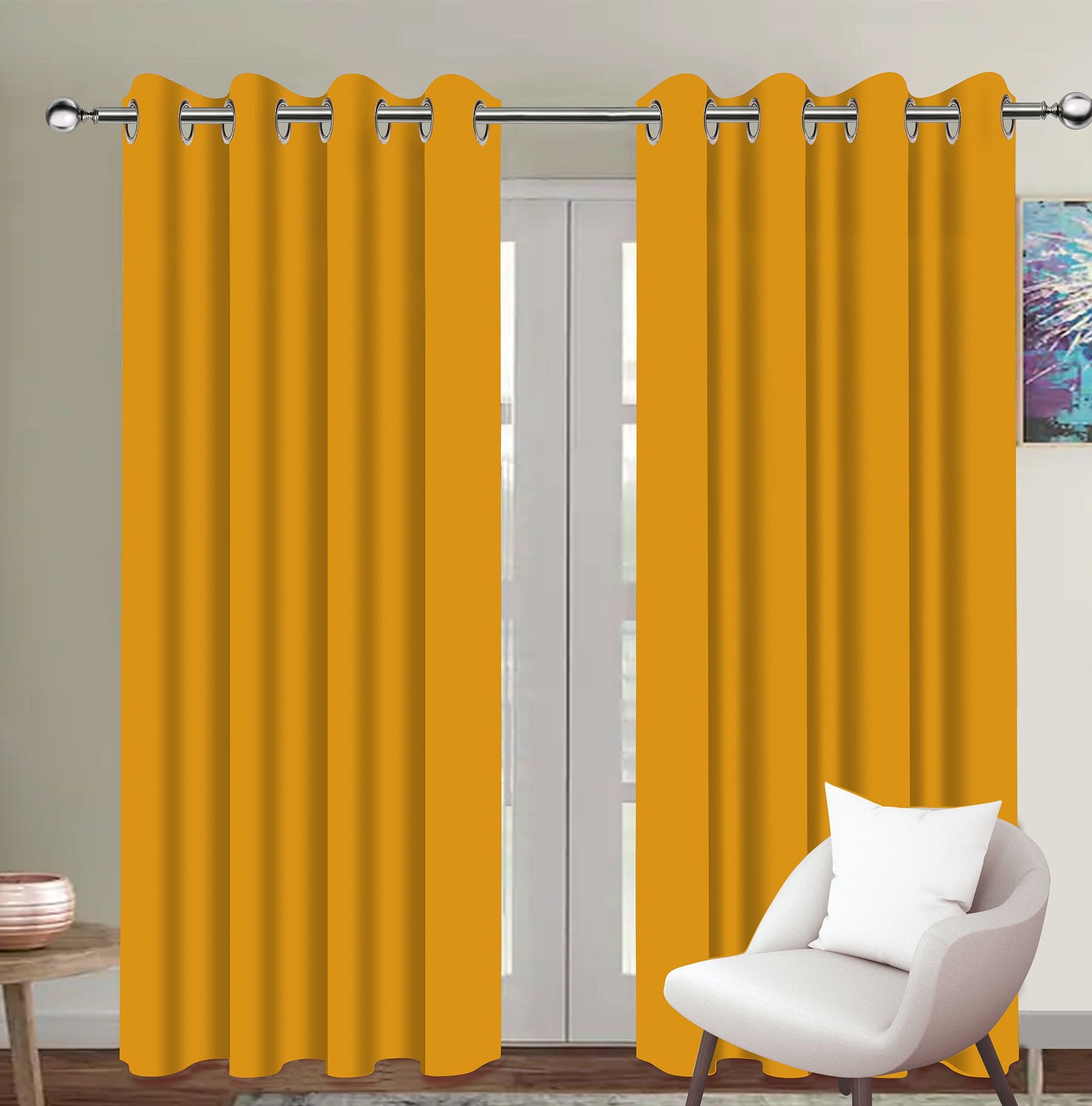 Cotton Solid Yellow 9ft Long Door Curtains Pack Of 2