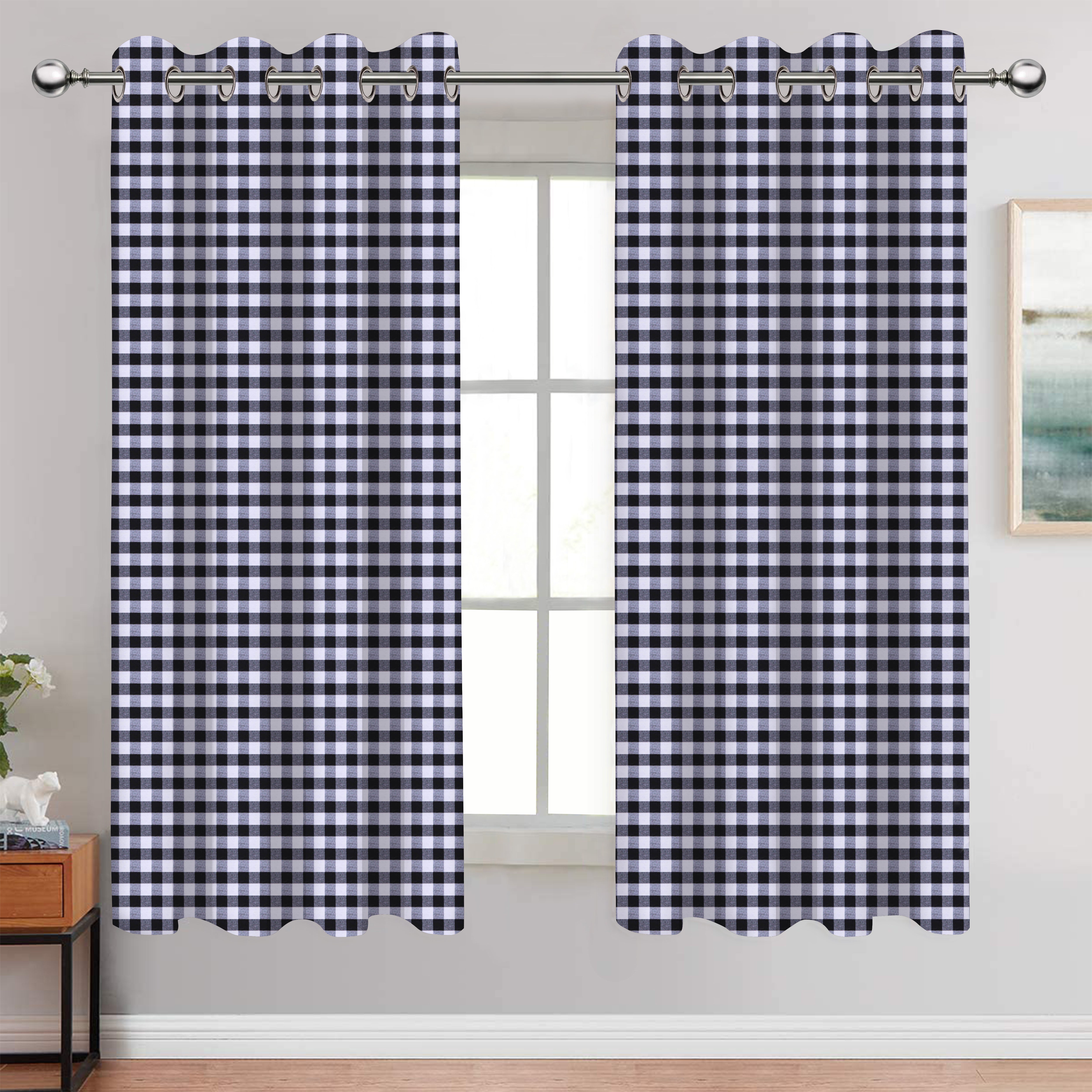 Cotton Gingham Check Black 7ft Door Curtains Pack Of 2