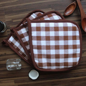 Cotton Gingham Check Brown Pot Holders Pack Of 3 freeshipping - Airwill