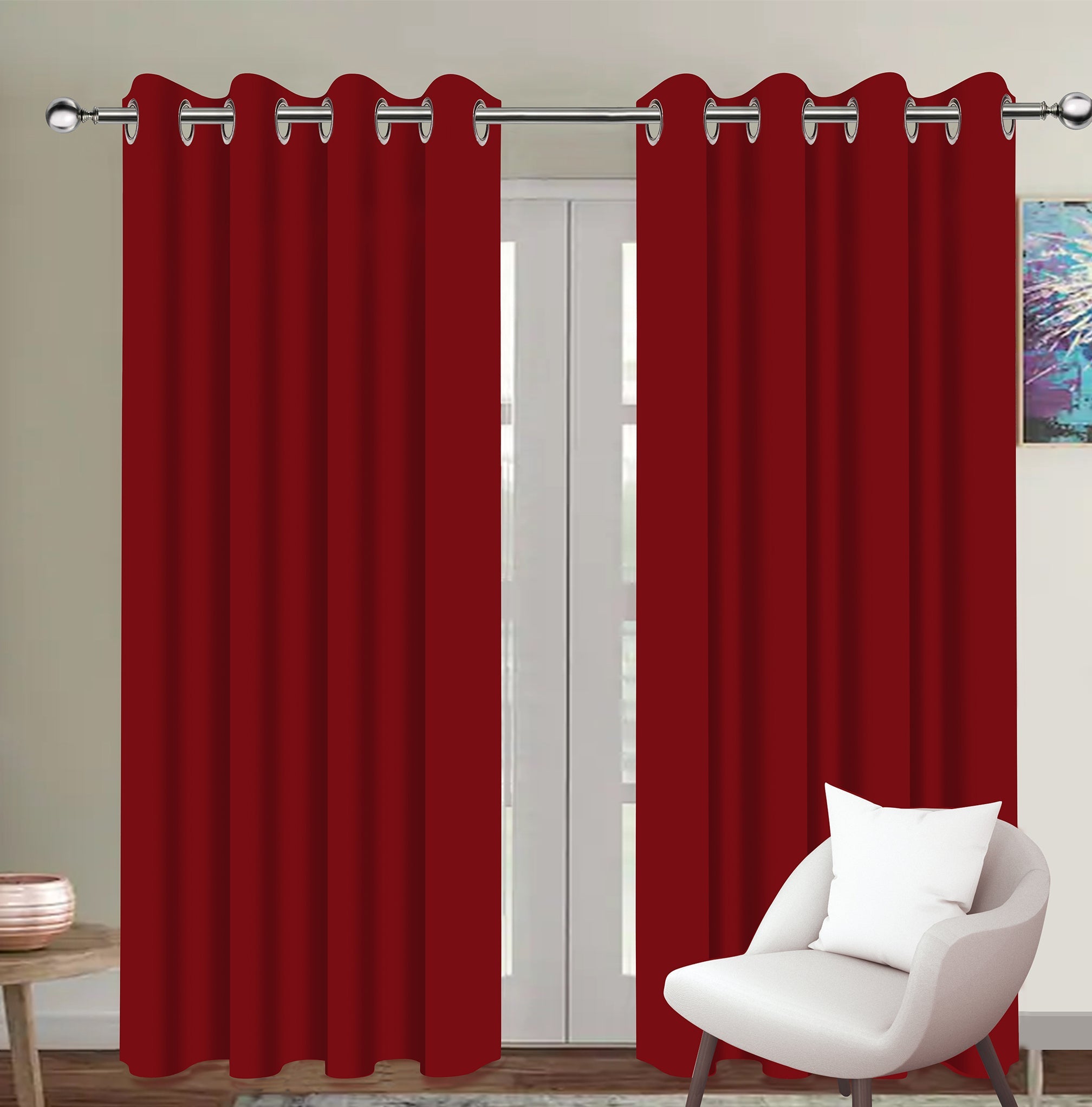 Cotton Solid Cherry Red 5ft Window Curtains Pack Of 2