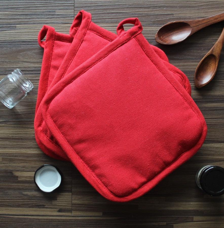 Cotton Solid Red Pot Holders Pack Of 3