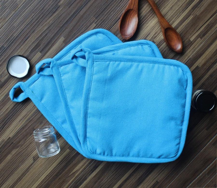 Cotton Solid Turquoise Blue Pot Holders Pack Of 3