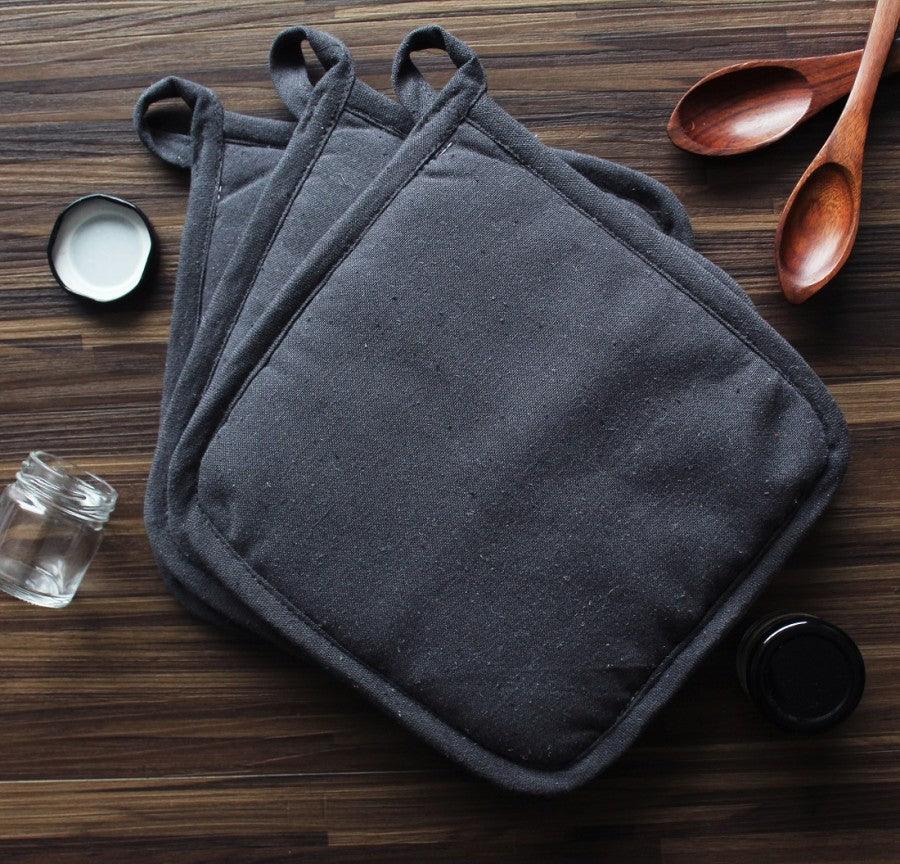 Cotton Solid Steel Grey Pot Holders Pack Of 3